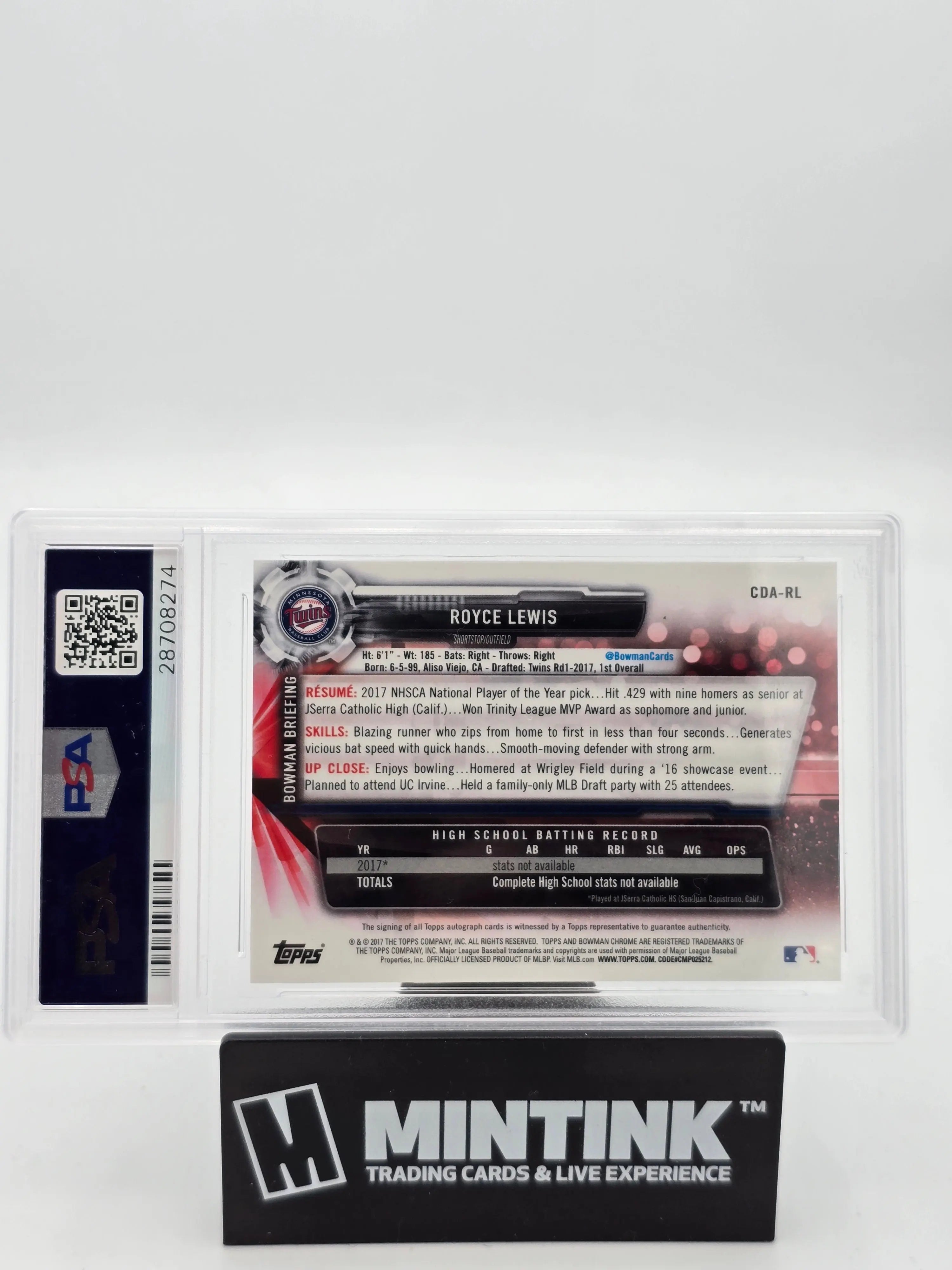 2017 Bowman Draft Chrome Royce Lewis Autograph Rookie Card PSA 10 Gem Mint - Perfect for Baseball Card Collectors & Investors