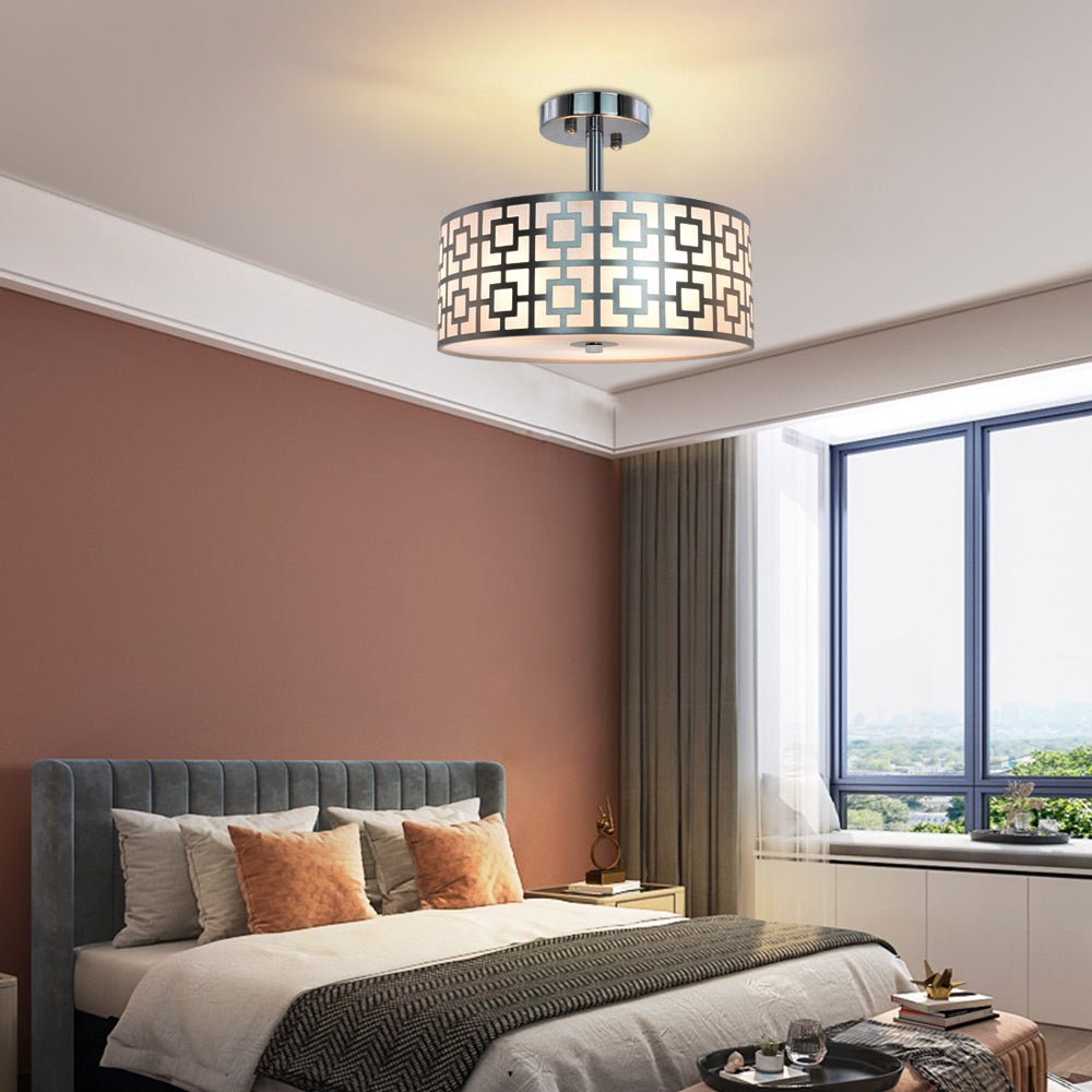 Stylish Semi Flush Mount Ceiling Light Fixture - 3 Bulb Iron Drum Pendant Chandelier in Chrome Finish for Bedroom, Hallway, Kitchen, Living & Dining Room | Modern Home Lighting for Entryway, Foyer & Interior Decor