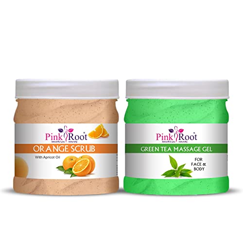 Organic Pink Root Green Tea Massage Gel & Orange Scrub Set - 500ml Each for Relaxation & Exfoliation | Perfect for Spa, Aromatherapy & Self-Care at Home