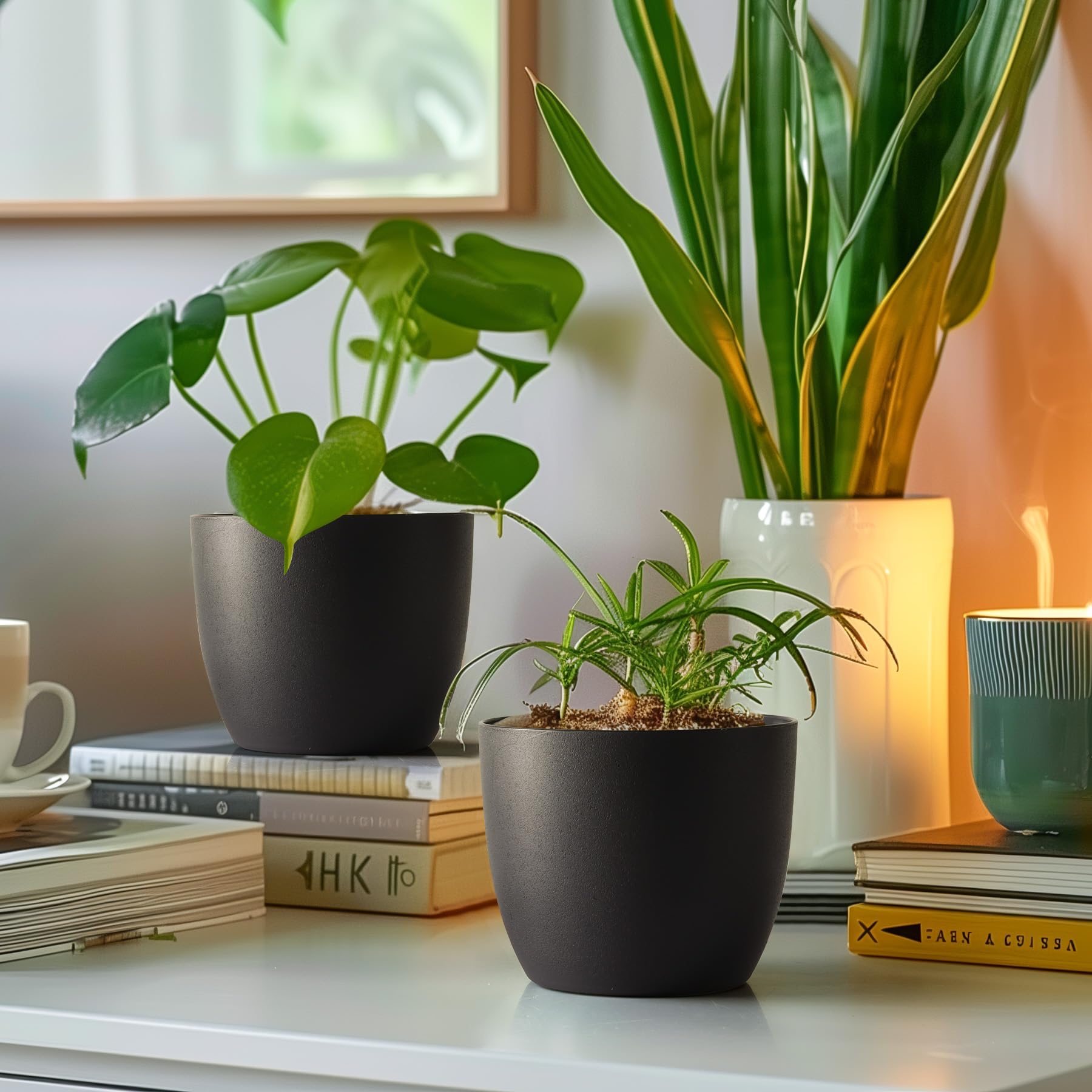 6 Inch Self Watering Planters - Set of 6 Modern Decorative Plastic Flower Pots for Indoor Plants, Herbs, Succulents & African Violets | Window Box Planter for Home, Office & Garden Decor (Black)
