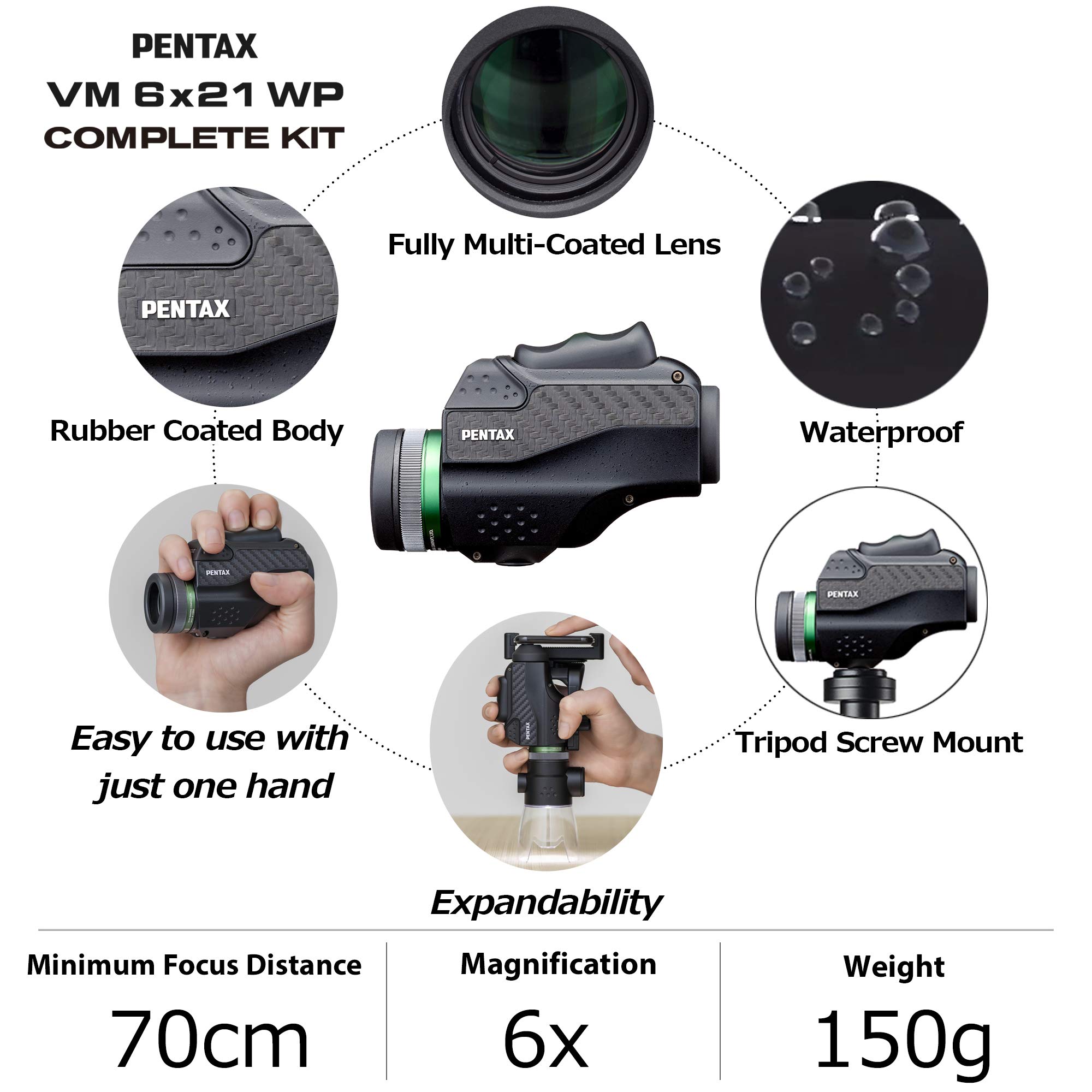 PENTAX VM 6x21 WP Monocular Telescope with Smartphone Adapter & Macro Stand - 6X Magnification, Waterproof, Bright & Clear Optics for Bird Watching, Hiking, Hunting, and Outdoor Adventures