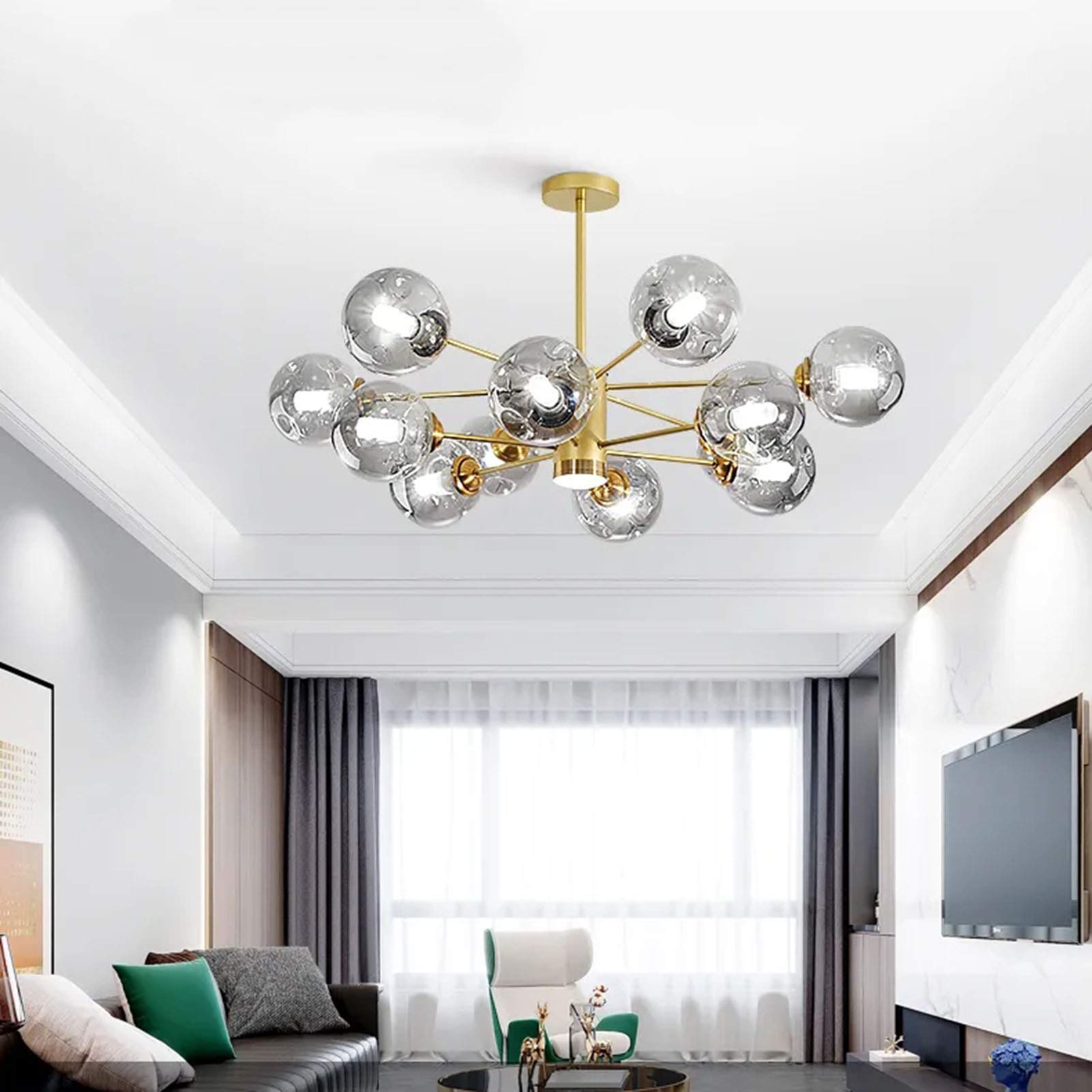 10-Lights Gold Metal Sputnik Chandelier - Modern Spherical Glass Pendant Light with Chrome Finish - Elegant Ceiling Lamp for Living Room, Hallway, Dining Room & Bedroom - Perfect for Modern Home Decor & Luxury Interior Lighting