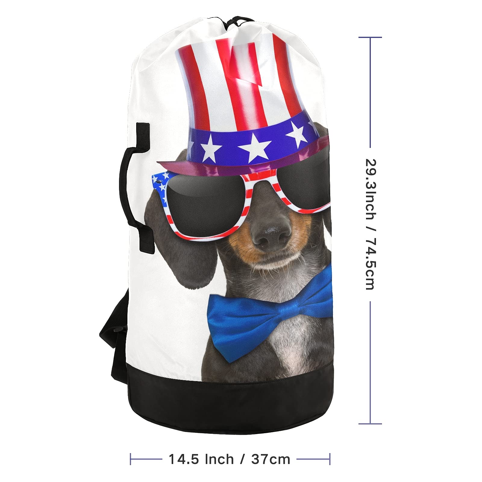 Dachshund Sausage Dog USA Flag Backpack - Adjustable Shoulder Straps Laundry Bag & Drawstring Hamper Basket for Dirty Clothes, Toy Storage - Perfect for Dorm, Travel, Camping & Pet Lovers