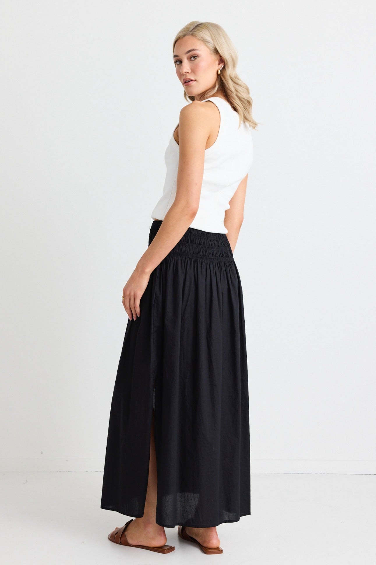 Finch Black Cotton Shirred Waist Maxi Skirt for Women - Flowy Summer Beach Dress with Elastic High Waist - Perfect for Vacation, Date Night & Boho Outfits