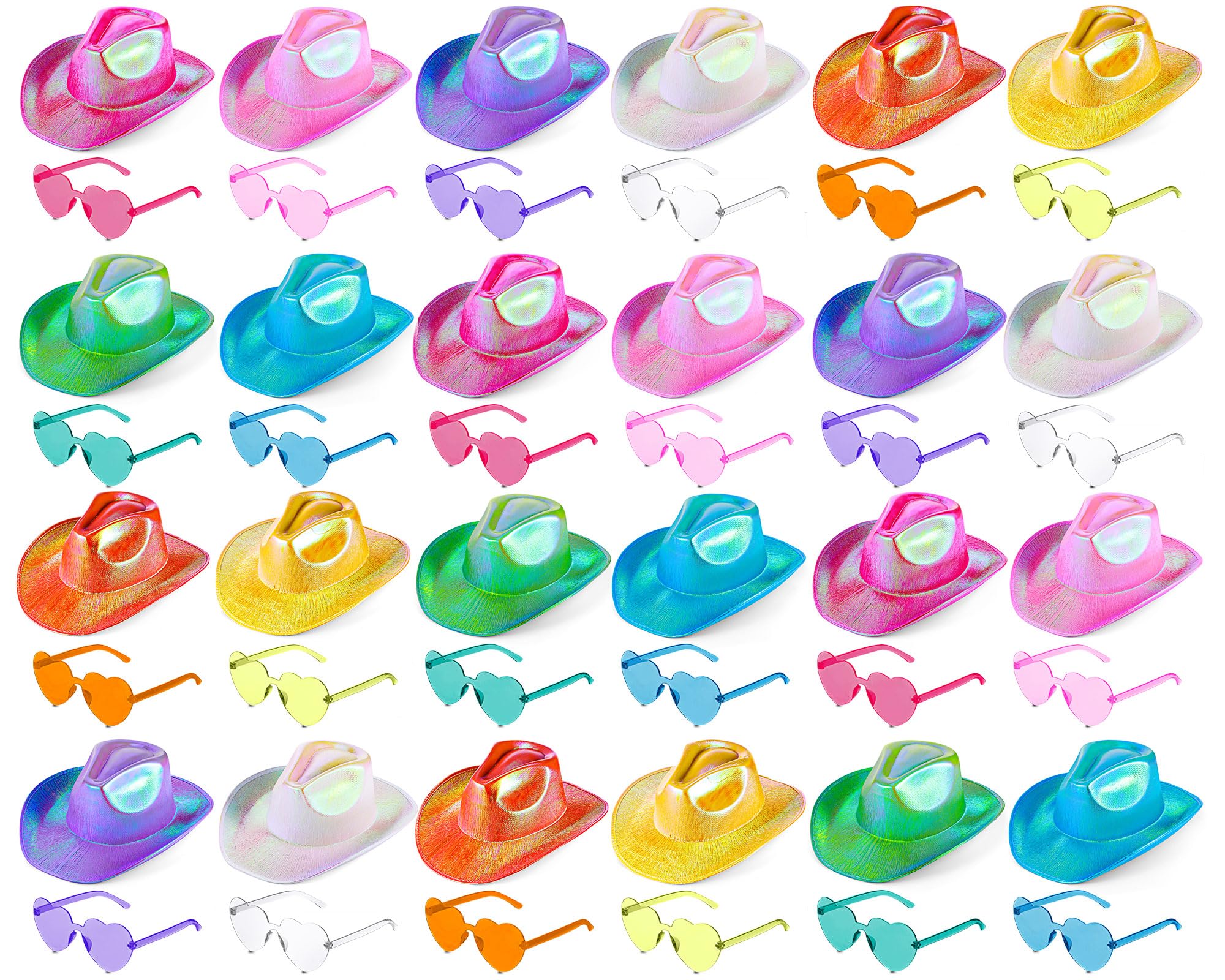 Xtinmee Space Cowgirl Holographic Hat & Rimless Heart Sunglasses Set - Sparkly Cowgirl Costume Accessories for Western Parties, Music Festivals & Cosplay Events