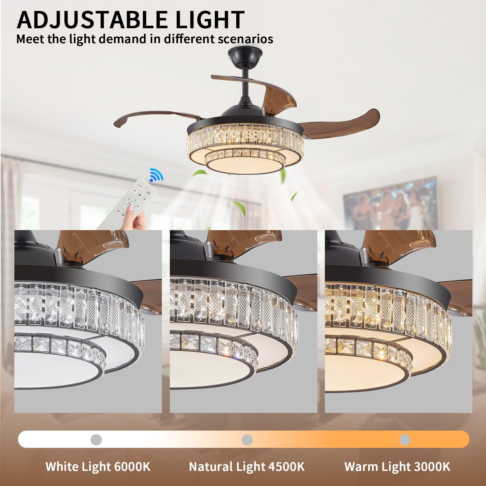 Modern LED Retractable Ceiling Fan with Light & Remote Control - Ultra Quiet Reversible 4-Blade Design for Kitchen, Bedroom, Dining Room & Patio | Energy Efficient Cooling & Stylish Home Decor