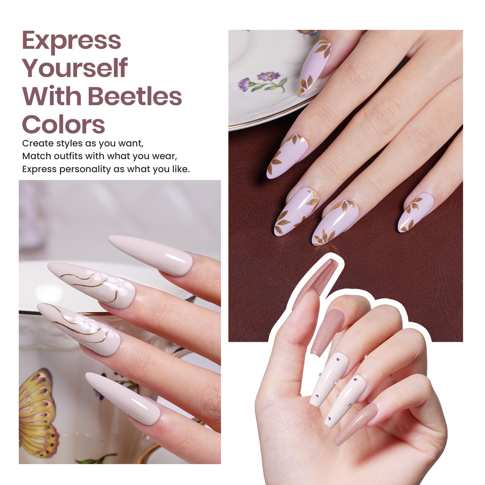 Beetles 6-in-1 Gel Nail Polish Kit with UV/LED Lamp - Nude Neutral Colors, Base & Top Coat - DIY Soak Off Manicure Set for Home & Salon Use - Perfect Gift for Women & Girls