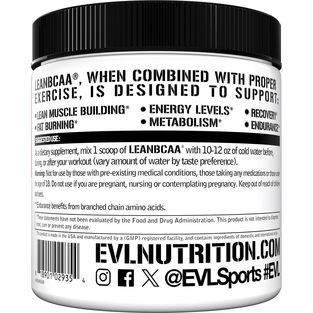 Evlution Stimulant-Free Lean BCAA Powder with CLA & Carnitine - 2:1:1 Branched Chain Amino Acids for Muscle Recovery, Fat Burn & Metabolism - Fruit Punch Flavor - Ideal for Post-Workout Recovery & Weight Management