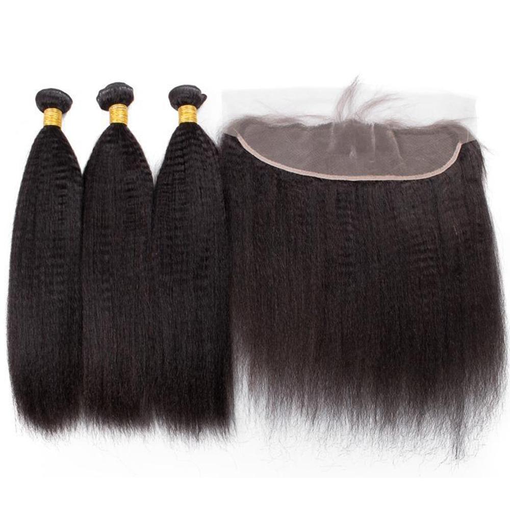 Virgin Human Hair Frontal Kinky Straight Bundle Deals - 100% Natural Black Hair Extensions for Styling & Protective Hairstyles