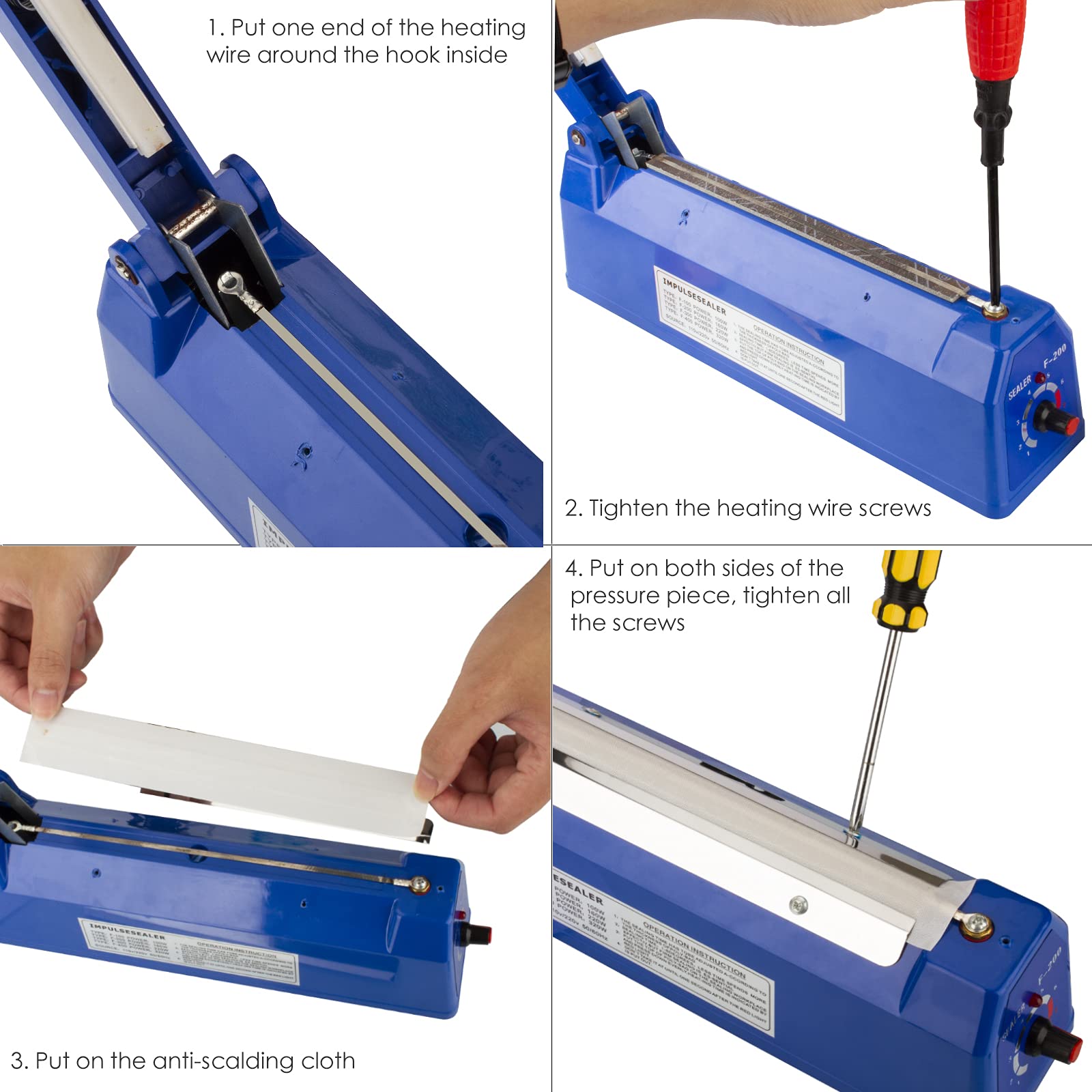 350W Manual Heat Sealer for Plastic Bags - Impulse Food Packing Machine with Replacement Kit (Metal/ABS, Blue, 8 Inch) - Perfect for Home Kitchen, Grocery Stores & Food Packaging Businesses