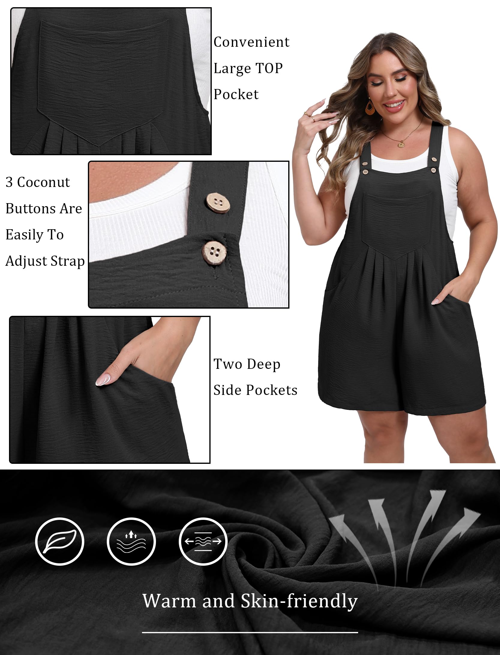 OLRIK Women's Plus Size Romper - Adjustable Straps Jumpsuit with Pockets, Sleeveless Casual Overalls Shorts for Summer | Beach Outfits, Vacation Wear, Weekend Brunch