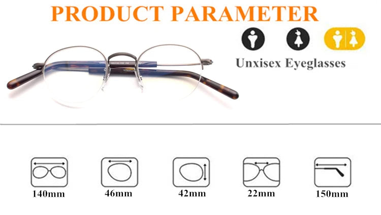 Lightweight Unisex Black Semi-Rimless Round Titanium Eyeglasses (110g) - Perfect for Reading, Work & Everyday Wear