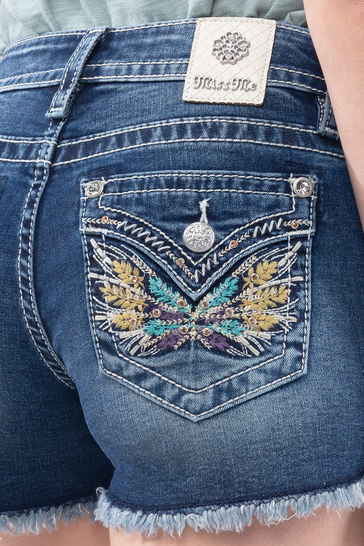 Miss Me Women's Mid Rise Floral Winged Faux Flap Pocket Shorts with Frayed Hem - Stylish Summer Casual Shorts for Women, Perfect for Beach, Vacation, and Everyday Wear