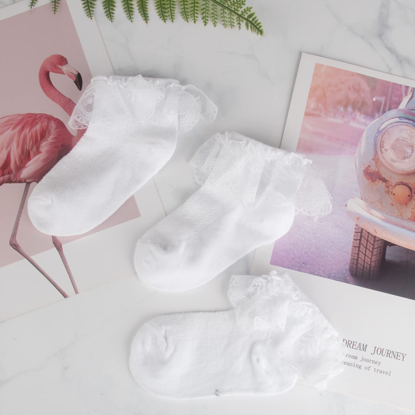 Looching 4 Pairs Toddler Baby Girls Lace Princess Socks - Soft Cotton Ruffled Ankle Socks for Infants - Perfect for Dress-Up, Parties & Everyday Playtime
