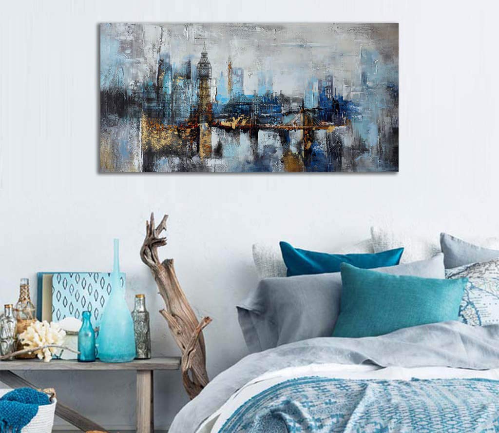 Abstract City View Canvas Wall Art - Modern Gray Blue Buildings Print for Bedroom, Living Room & Office Decor - Large 24x48 Inches - Perfect for Contemporary Home & Workspace Aesthetics