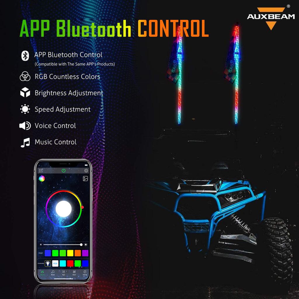 (2-Pack) 3FT/4FT LED RGB Whip Lights with Turn Signal & Brake Light - Bluetooth APP & Remote Control for ATV, UTV, Jeep, Off-Road Vehicles - Perfect for Night Rides, Camping & Outdoor Adventures