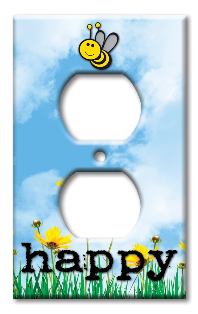 Oversized Single Gang Outlet Cover Plate - Decorative Metal Wall Switch Plate with Bee Happy Design - Made in USA - Perfect for Home Decor, Living Room, Bedroom & Office