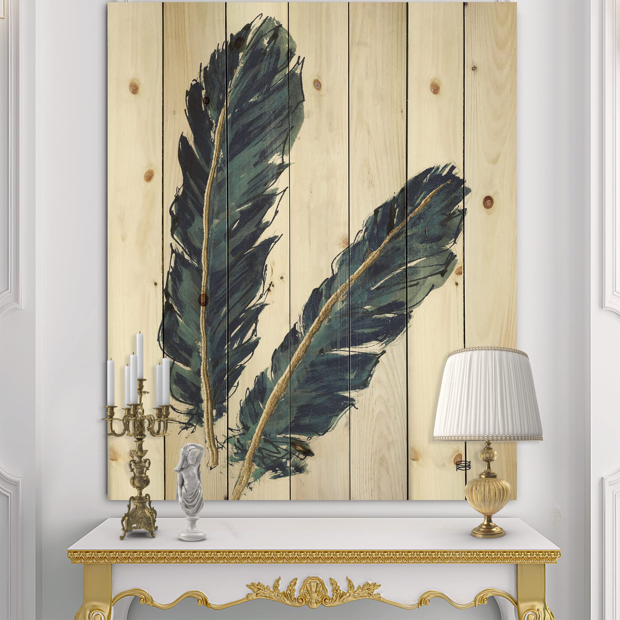 DesignQ Gold Indigo Feathers Bohemian Wood Wall Art - Handmade Pine Wood Wall Decor with Eclectic Animal Prints for Living Room, Bedroom & Office
