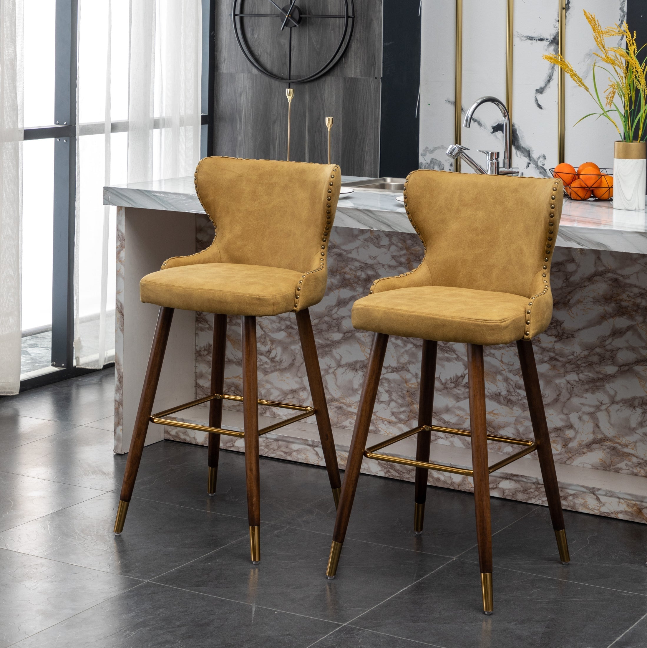 Roundhill Furniture Nevis Mid-Century Modern Faux Leather Tufted Bar Stools with Nailhead Trim - Set of 2 Yellow Counter Height Stools for Kitchen Island, Breakfast Bar & Home Decor