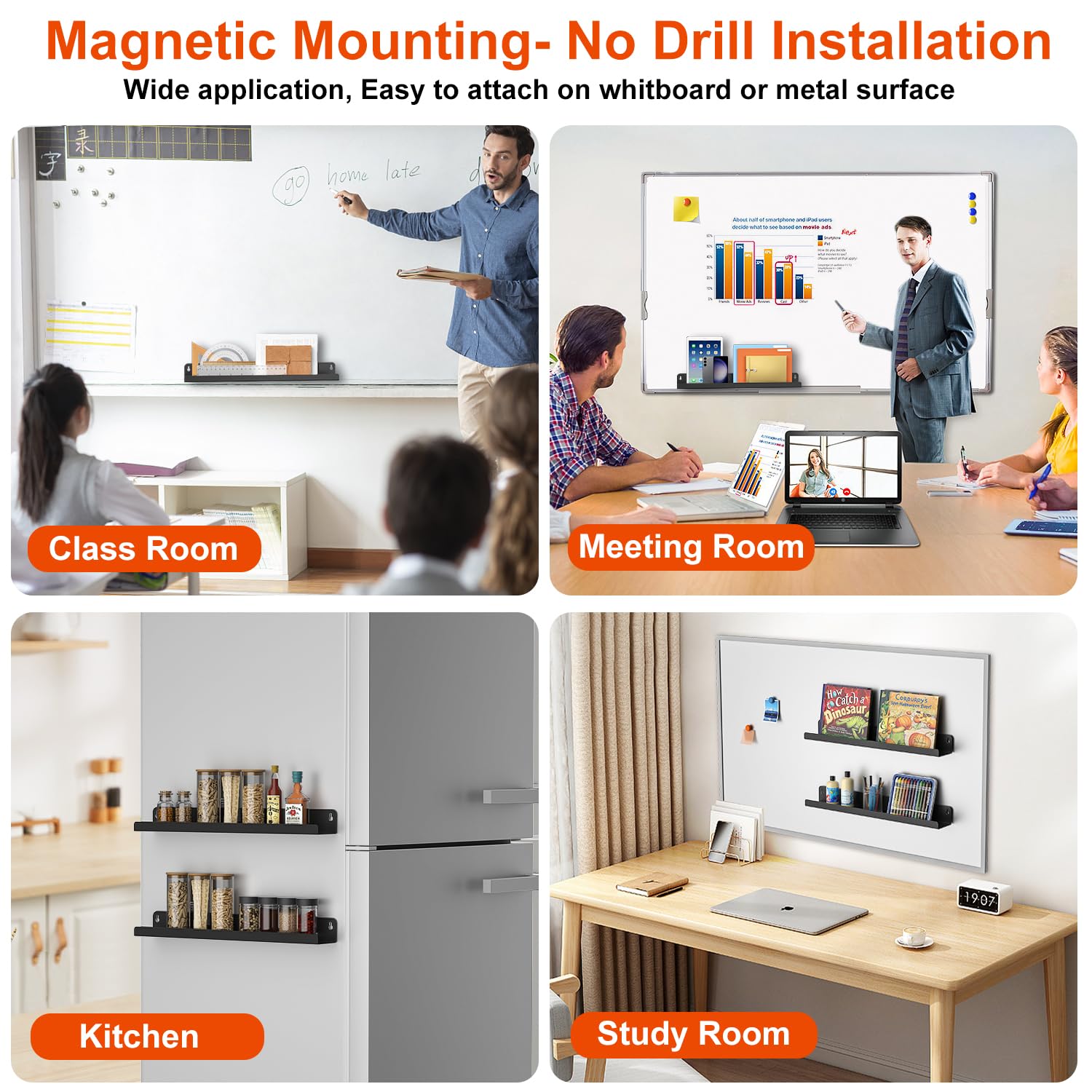 MFTEK Magnetic Book Shelf 2 Pack - Strong Magnetic Book Rack Organizer for Whiteboard & Refrigerator - Wall Mount Floating Shelves for Books & Display - Perfect for Home, Classroom & Office Organization