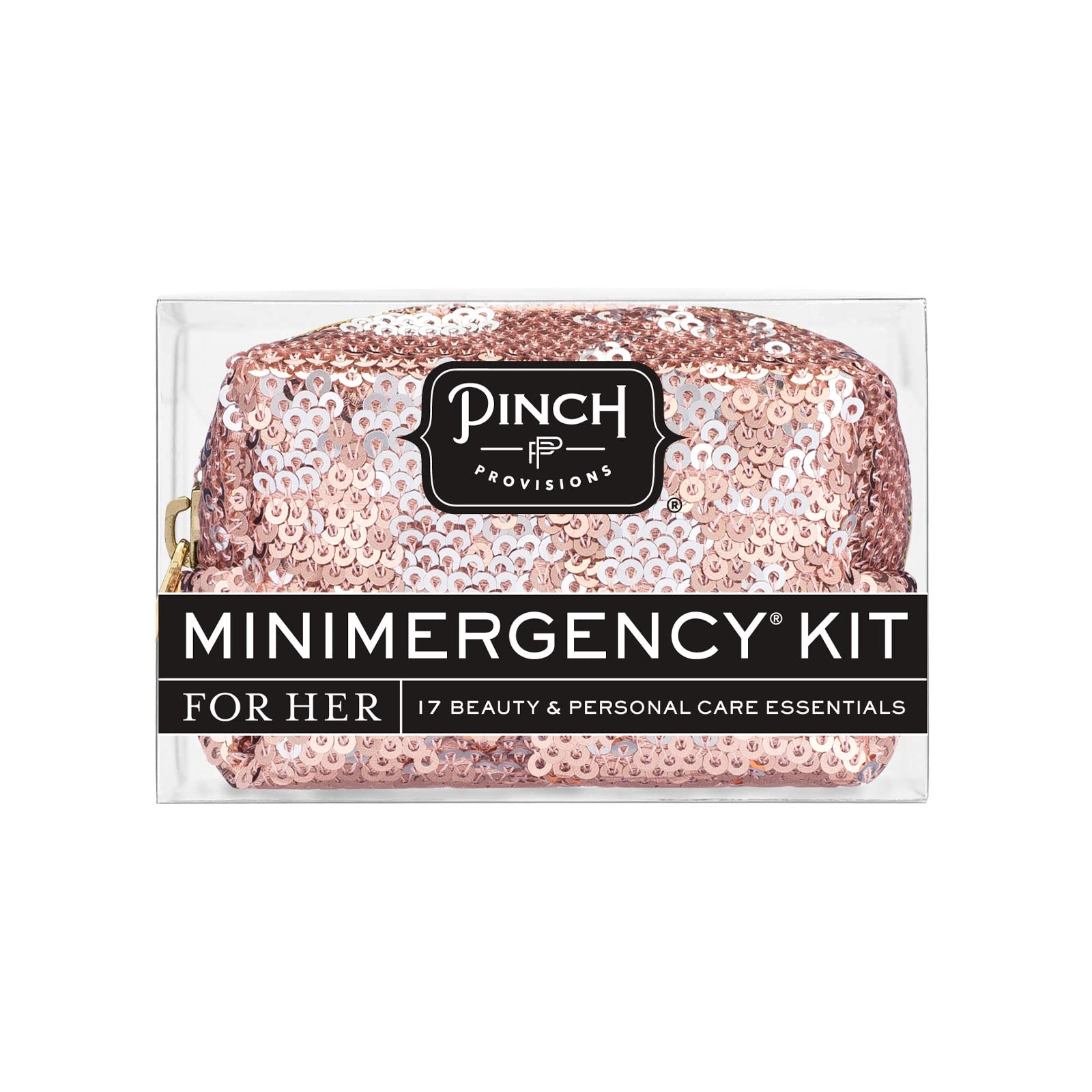 Pinch Provisions Rose Gold Sequin Minimergency Kit - 17 Travel-Sized Cosmetic Essentials | Compact Purse Organizer, Emergency Beauty Accessories | Perfect Gift for Holidays, Birthdays & Travel | Great for On-the-Go Touch Ups, Bridal Emergency Kit & Office Essentials