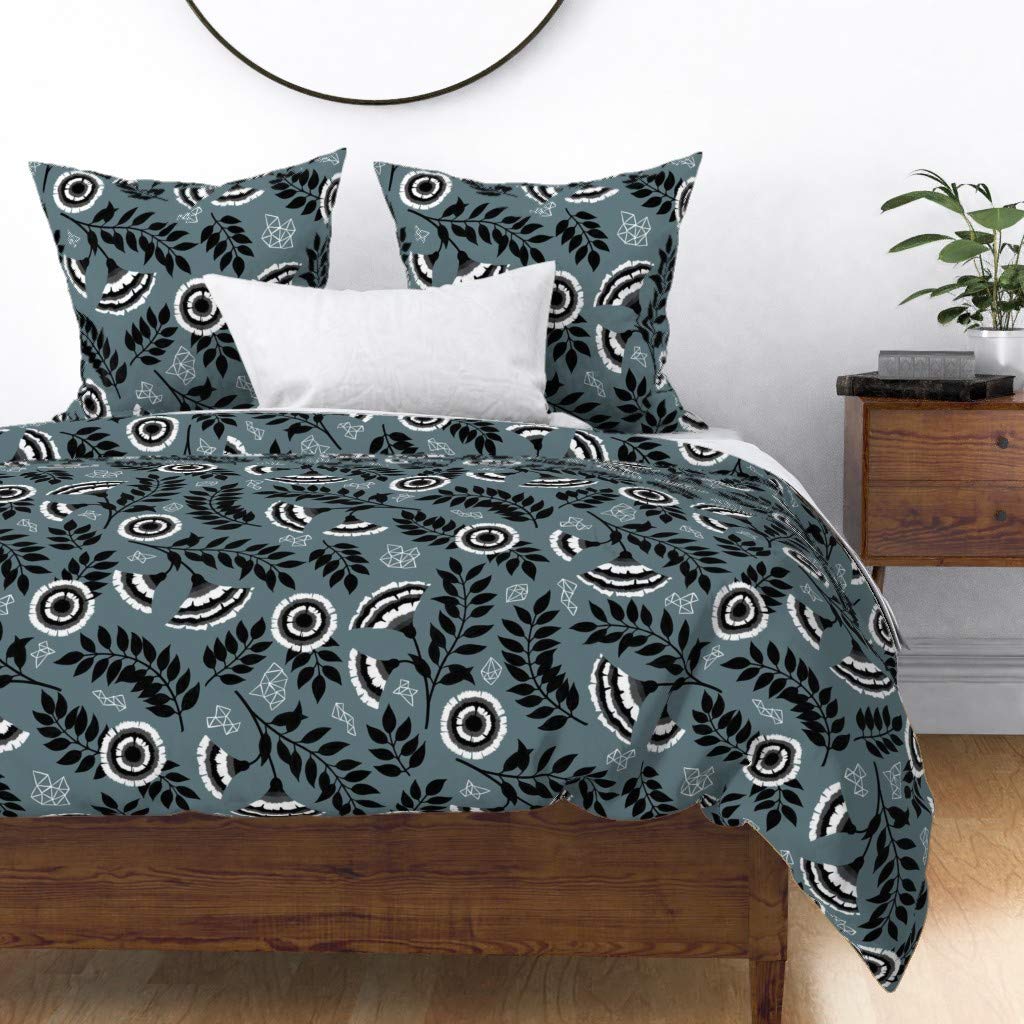 Premium Spoonflower Cotton Sateen Duvet Cover King/California King Size - Elegant Monochrome Floral Geometric Pattern in Slate Blue, Black & White | Custom Printed Luxury Bedding for Master Bedroom & Guest Room Decor