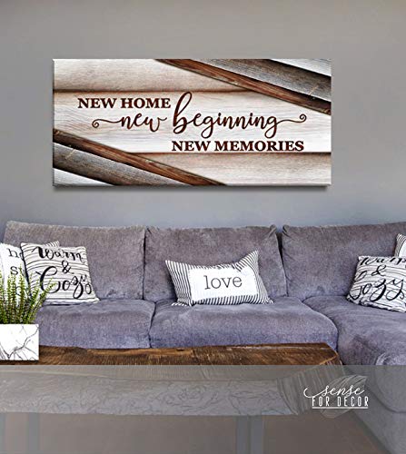 Wooden Framed Canvas Wall Art - Sense of Art New Home New Beginning V15 - Rustic Religious Home Decor for Living Room - Housewarming Gift (Brown, 60x27 inches) - Perfect for Farmhouse, Apartment & Wedding Decor