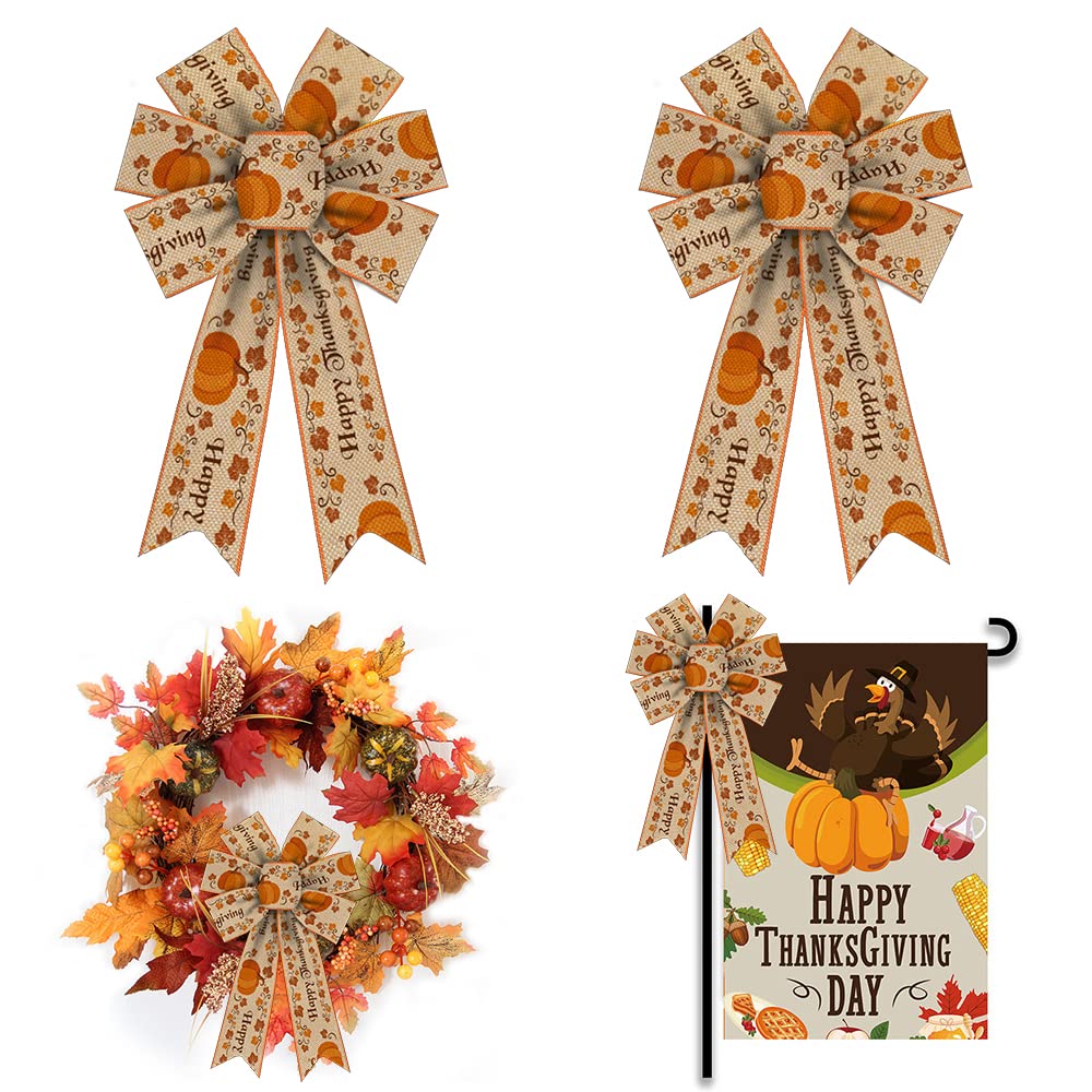 ALIBBON 2-Pack Fall Wreath Bows - Thanksgiving Decor with Orange Pumpkin Leaf Design - Burlap Ribbon Bows for Front Door, Indoor & Outdoor Wall Decor - Perfect for Autumn, Halloween & Thanksgiving Home Decor