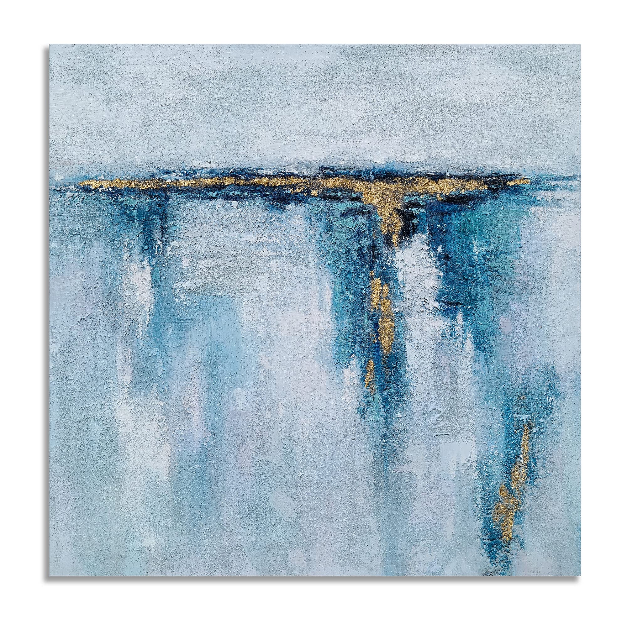 SYGALLERIER Abstract Ocean Canvas Wall Art - Hand Painted Modern 3D Coastal Painting with Gold Foil, Contemporary Square Picture for Living Room, Bedroom & Bathroom Decor | Perfect for Beach House, Coastal Theme & Modern Interior Design