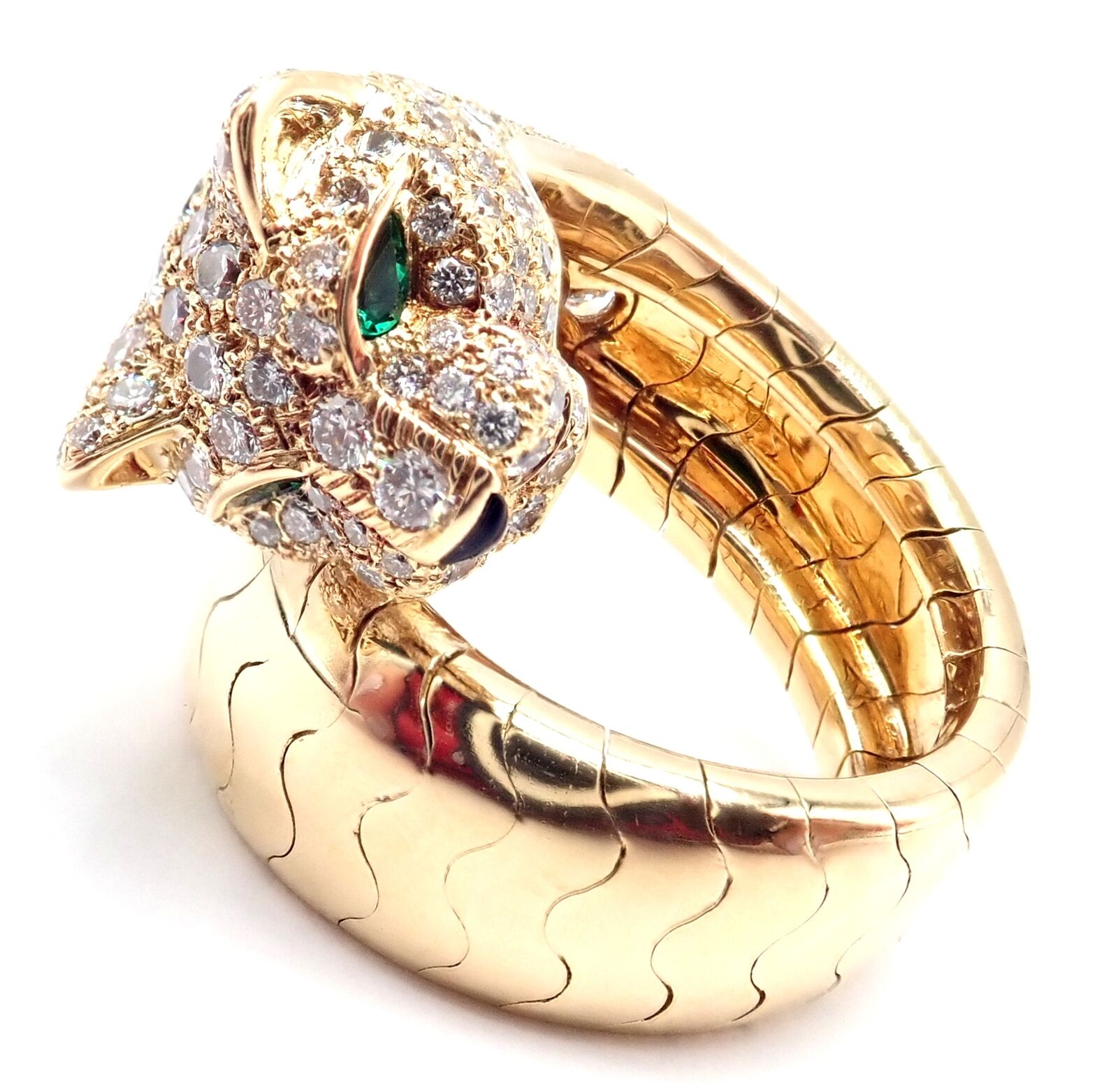 Authentic Cartier Panther 18k Yellow Gold Diamond Emerald Onyx Band Ring - Luxury Jewelry for Women, Perfect for Weddings, Anniversaries & Special Occasions