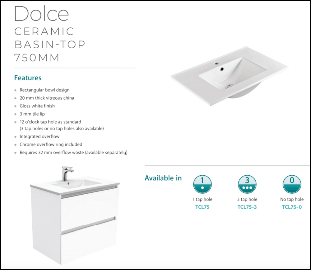 Fienza TCL75ZBR Dolce Black 750mm Wall Mounted Bathroom Vanity with Right Side Drawers - Perfect for Modern Master Bathrooms and Powder Rooms
