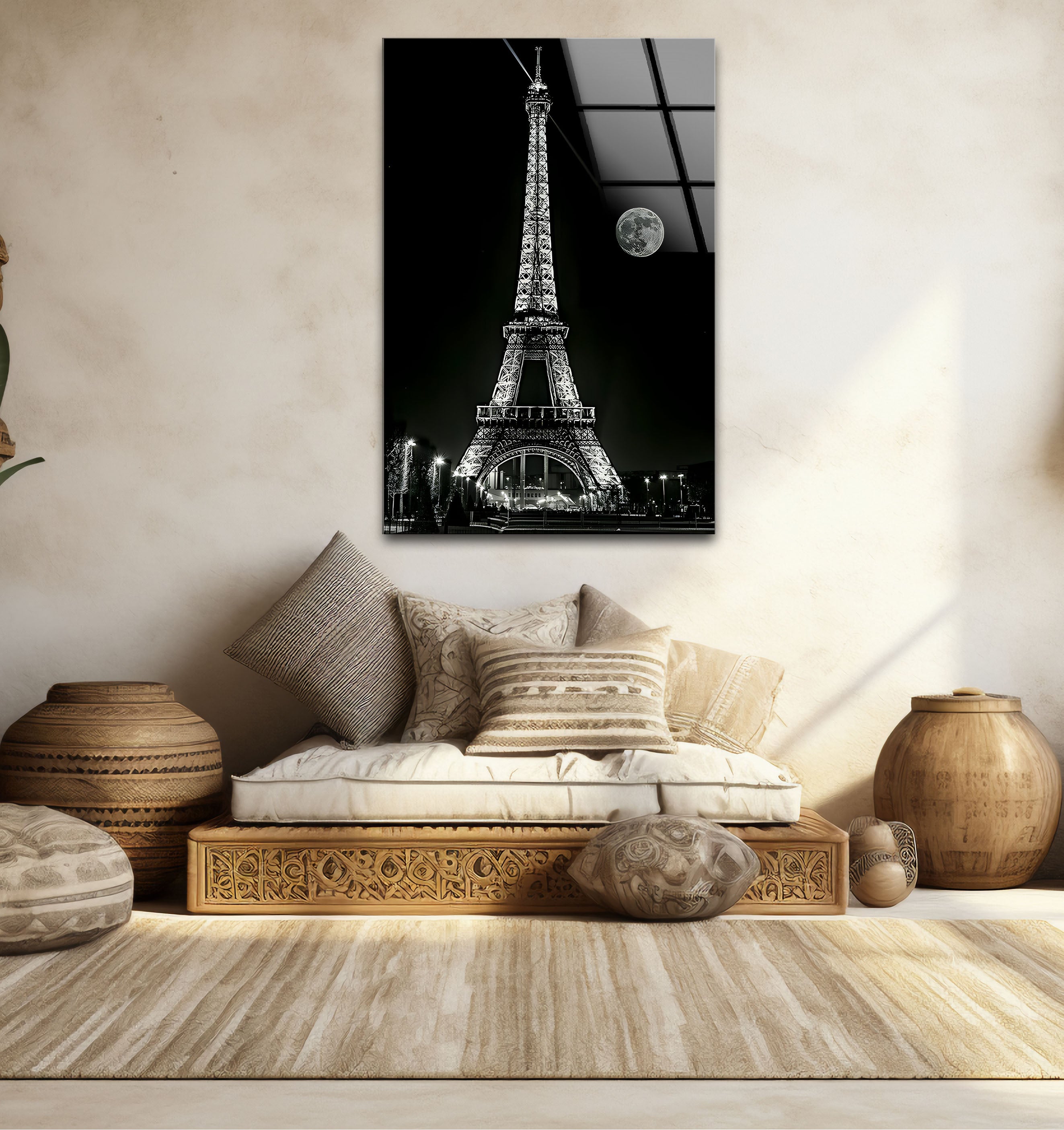 Elegant Black and White Eiffel Tower Glass Wall Art - Parisian Home Decor for Living Room, Bedroom & Office