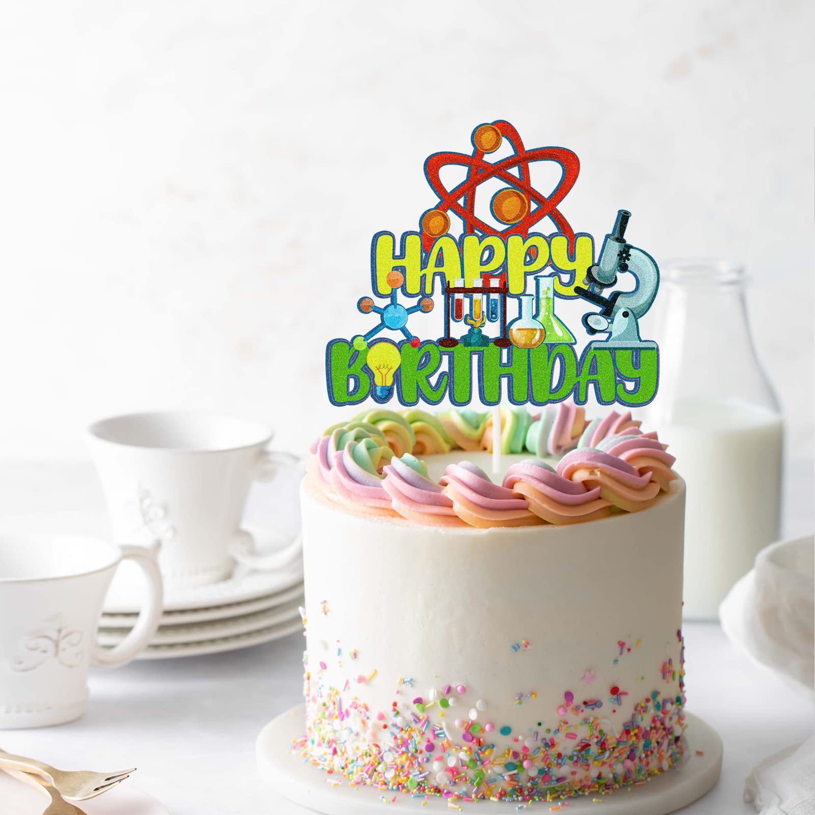 Science Theme Happy Birthday Cake Topper - Chemistry Mad Scientist Cake Decorations for Boys & Girls - Gold Party Supplies | Perfect for Birthday Cakes, Cupcakes & Science Themed Parties