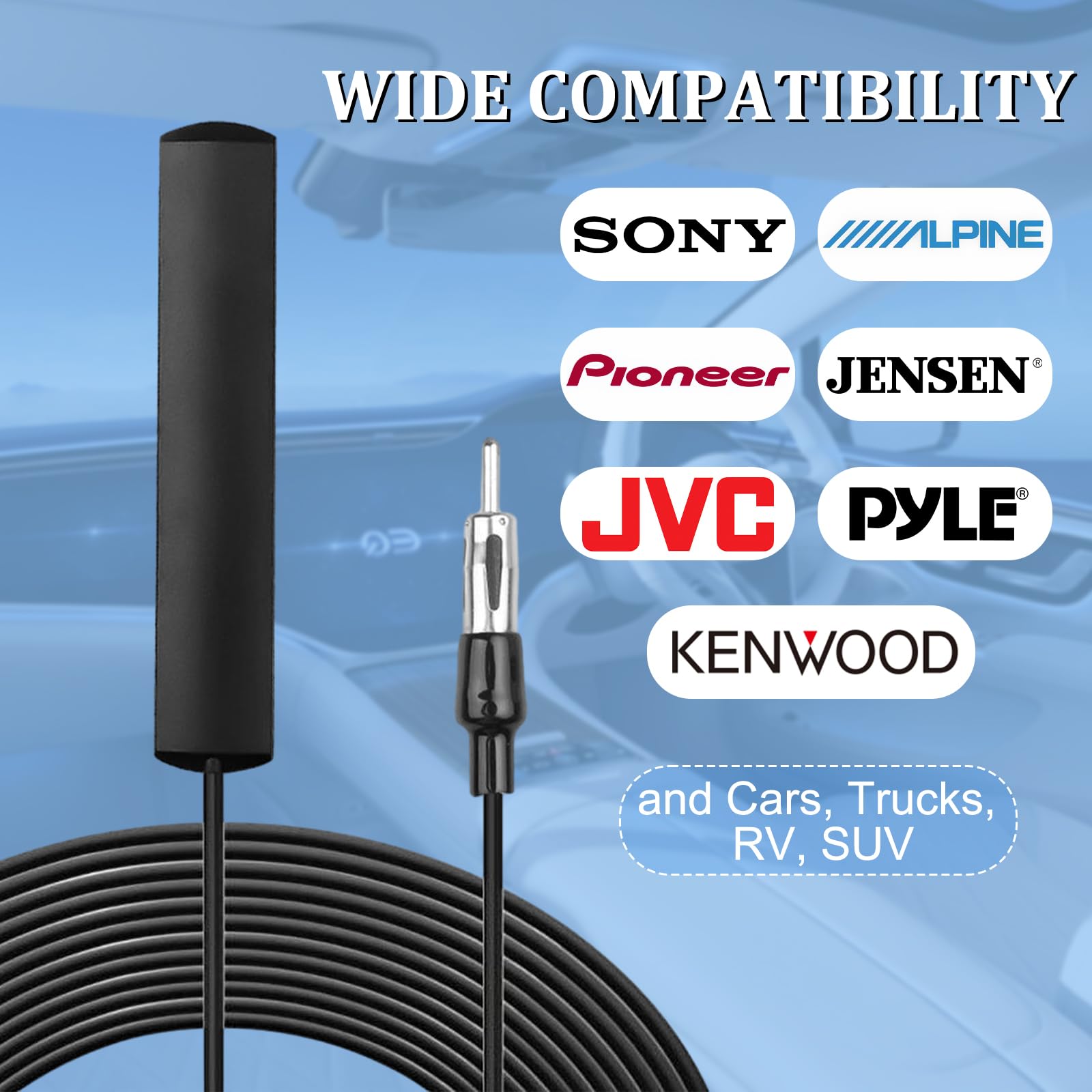 Universal Car Radio Antenna AM FM Hidden Windshield Adhesive Mount Patch Antenna with 10FT Cable & DIN Plug - Compatible with Vehicle, Truck, SUV Car Stereo Media Receiver - Perfect for Clear Radio Reception While Driving