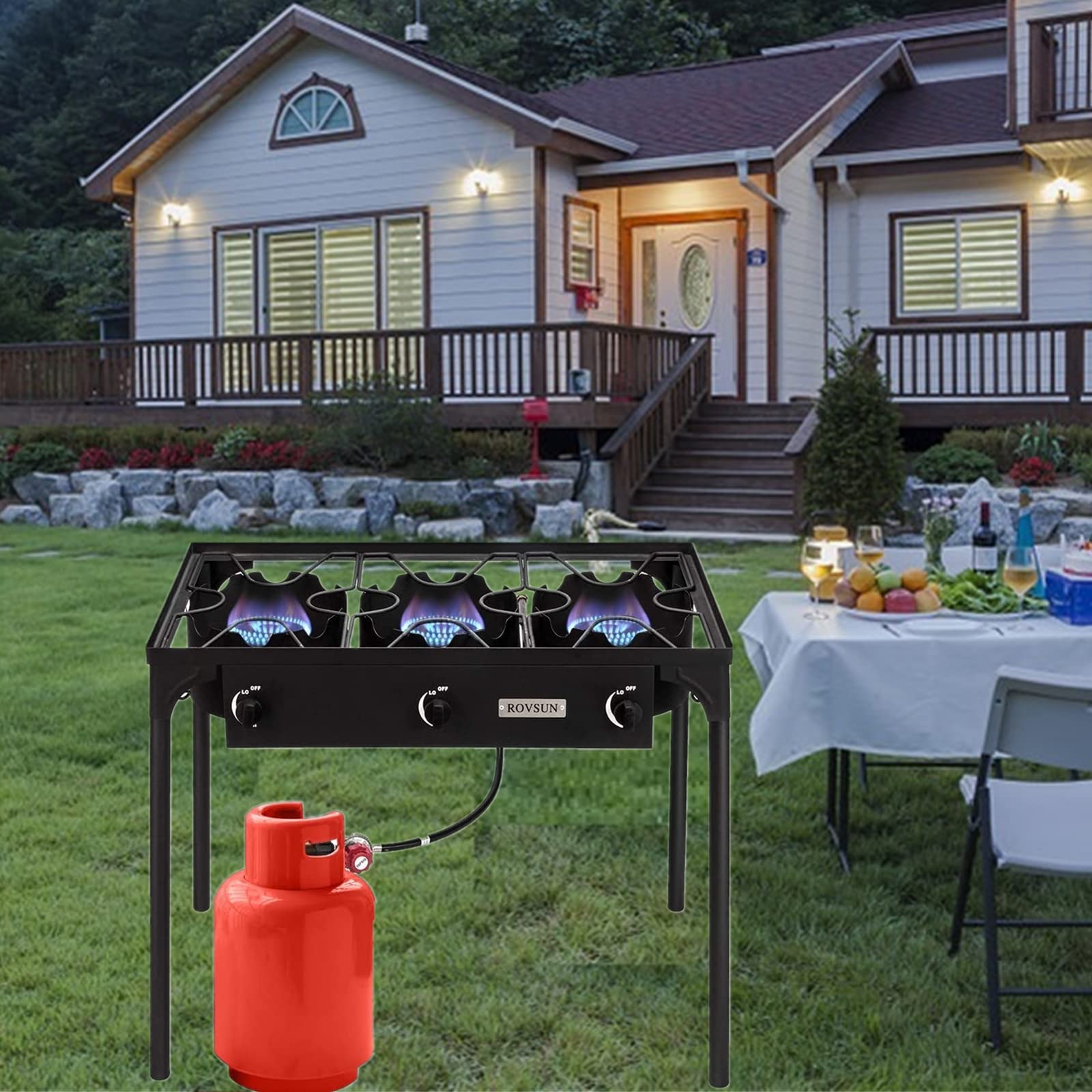 ROVSUN 225,000 BTU 3-Burner Outdoor Propane Gas Stove with Regulator - High Pressure Stand Cooker for Backyard BBQ, Camping, Home Brewing, Canning & Turkey Frying | Perfect for Outdoor Cooking, Tailgating & Large Gatherings