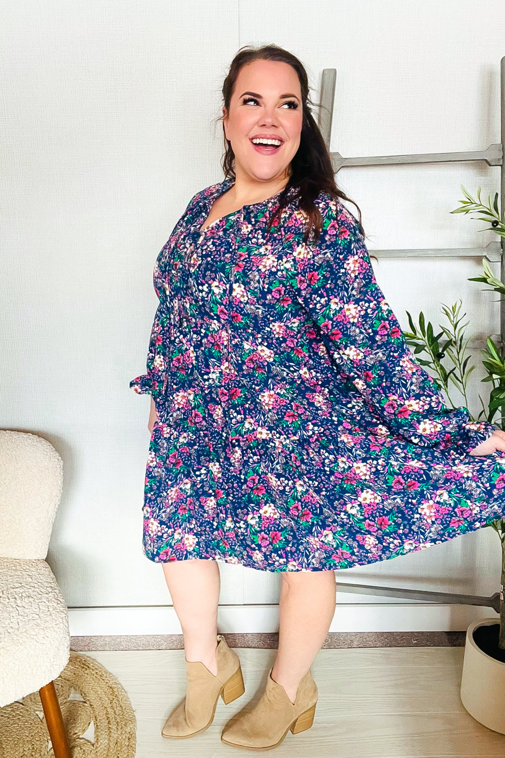 Joyful Navy Floral Bow Tie Babydoll Long Ruffle Sleeve Dress for Women - Elegant Party, Wedding Guest & Special Occasion Outfit