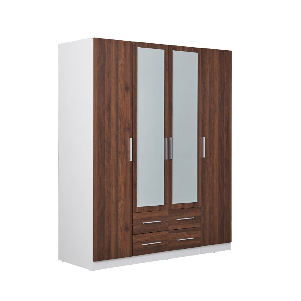 4-Door 4-Drawer Wardrobe Closet - Solid Wood Clothes Storage Cabinet with Mirror (Walnut Finish) for Bedroom, Walk-in Closet & Dorm Organization