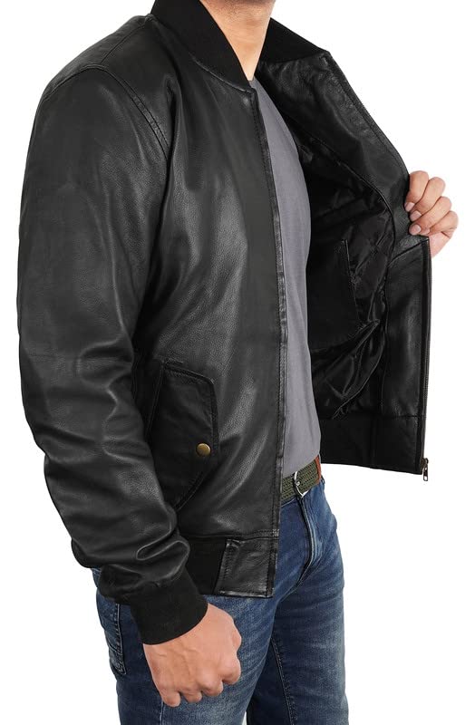 LP-FACON Men's MA1 Flight Tactical Leather Bomber Jacket - Military Black Biker Lambskin Leather Jacket for Men | Stylish Outerwear for Motorcycle Riding, Aviation & Casual Wear