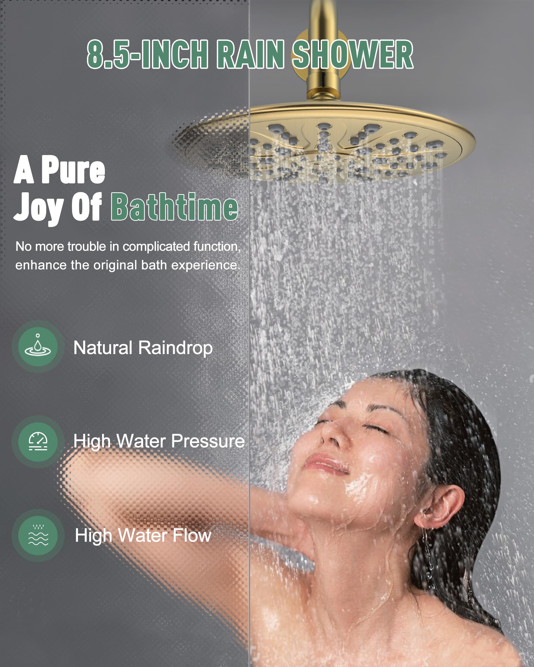 Suncleanse Gold Shower Faucet Set - 8.5 Inch Rainfall Shower Head with 7-Setting Handheld Sprayer, Rough-in Valve & Trim Kit - Complete Luxury Bathroom Shower System for Spa-like Experience