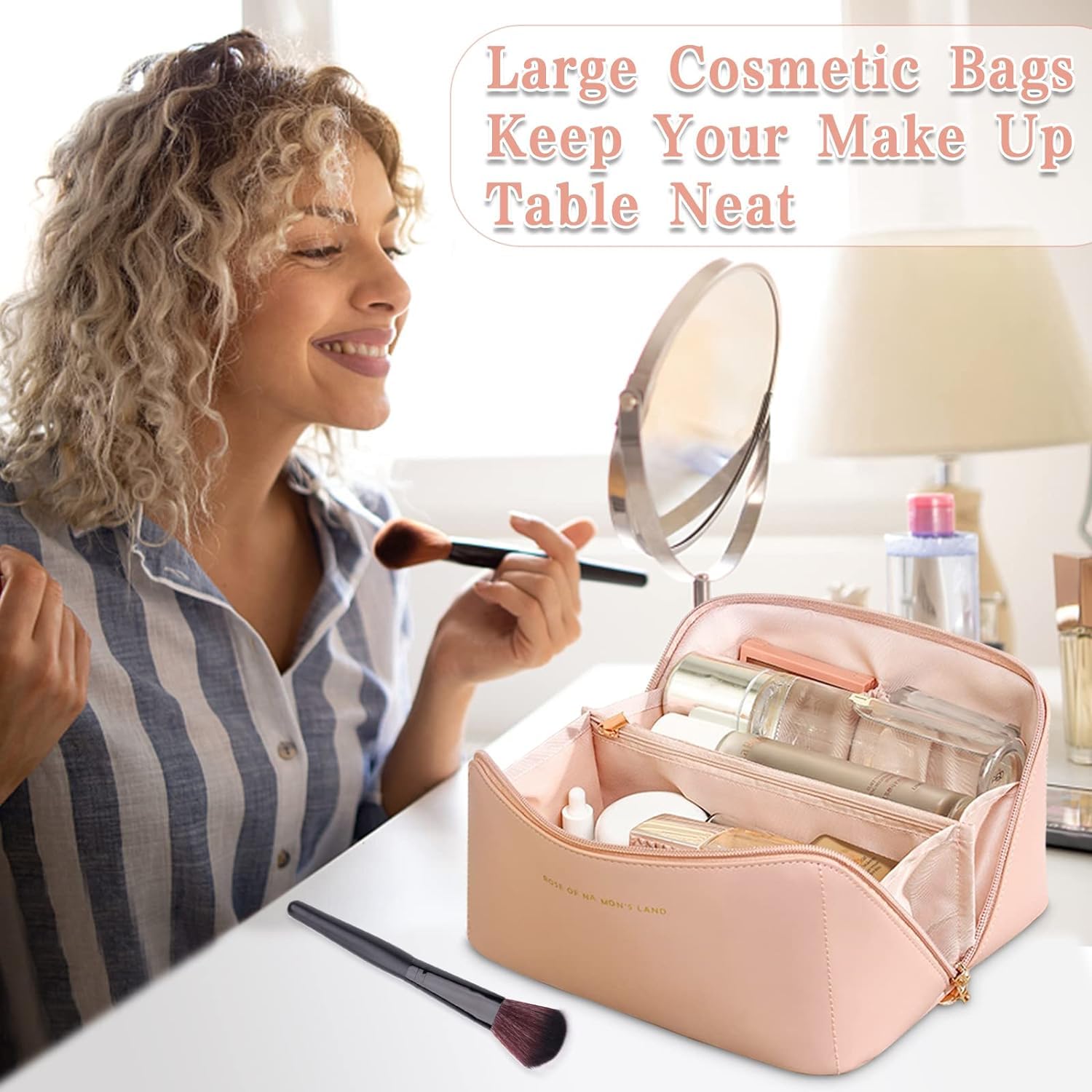 Waterproof Large Travel Makeup Bag for Women - Portable Cosmetic Organizer with Divider, Handle & Extra Pouch - Pink Toiletry Bag for Vacation, Gym, Business Trips & Daily Use