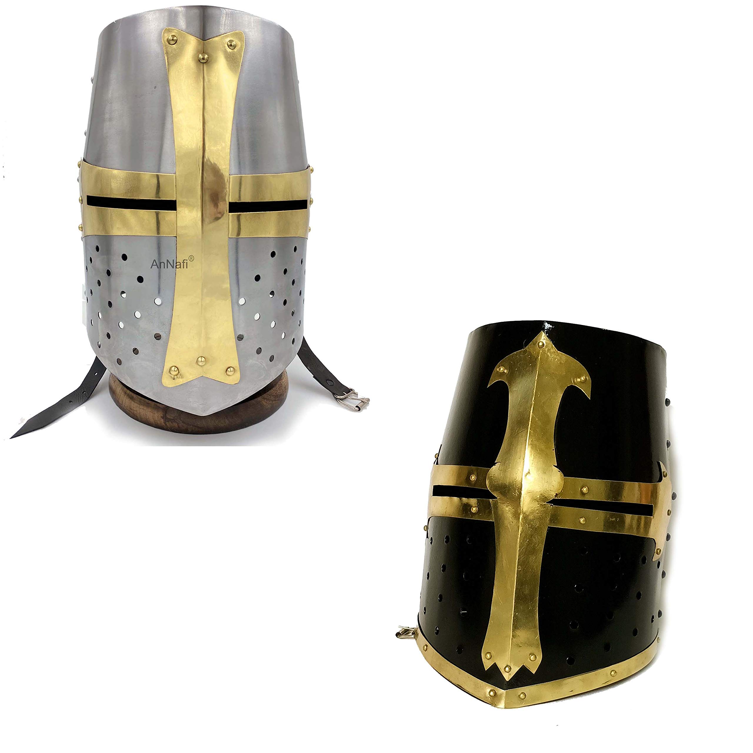 AnNafi® Crusader Helmet Combo - Silver Gold & Black Finish Medieval Knight Helmet with Leather Liner | Costume, LARP, Cosplay, Halloween, Theater, Historical Reenactment