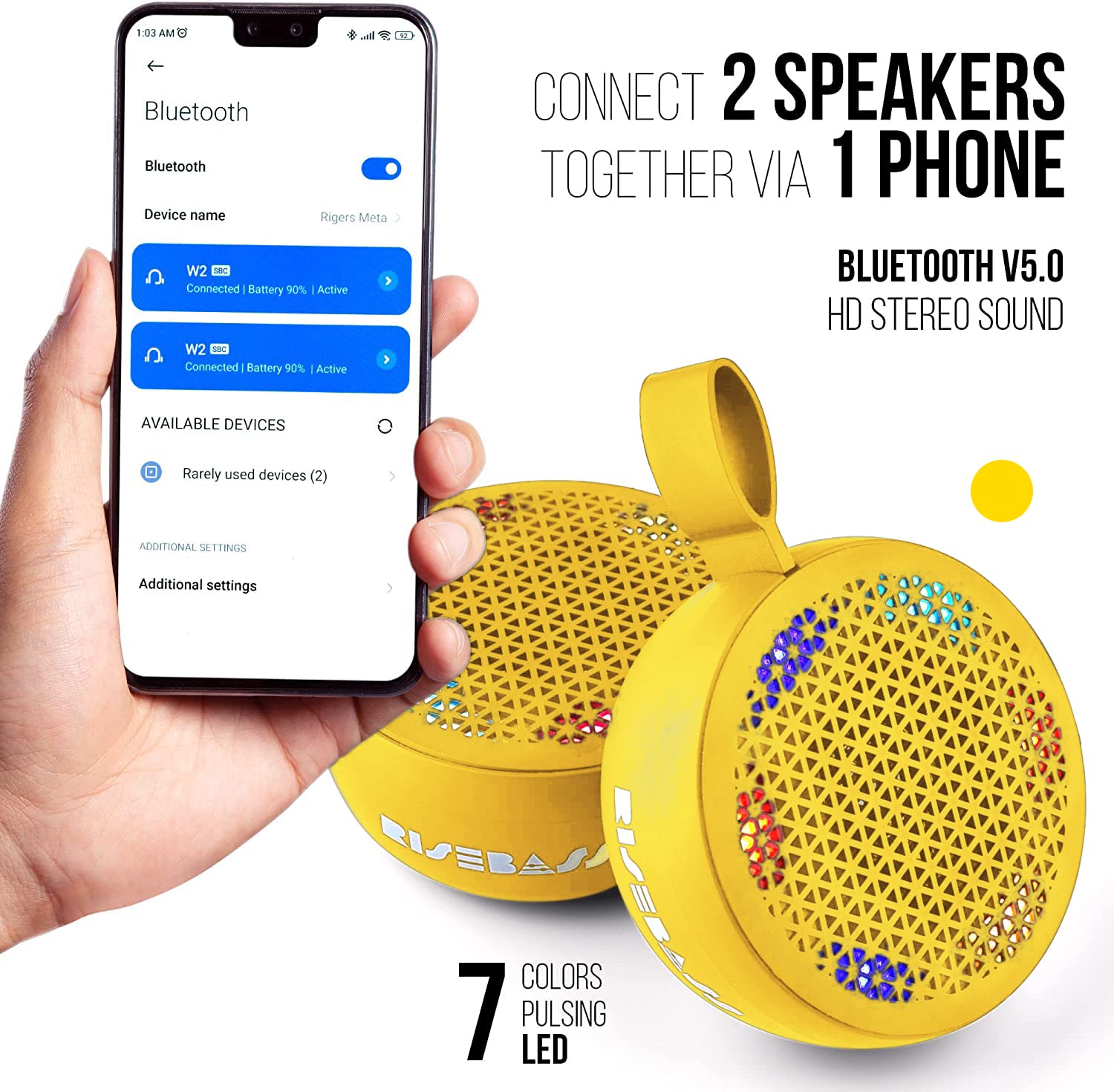 RISEBASS Waterproof Bluetooth Shower Speaker with LED Light - Portable Wireless Speaker with Hands-Free Calling, TWS Stereo Sound for Bath, Pool, Beach, Hiking, Camping, Kayaking - Perfect Outdoor & Indoor Gift (Yellow)