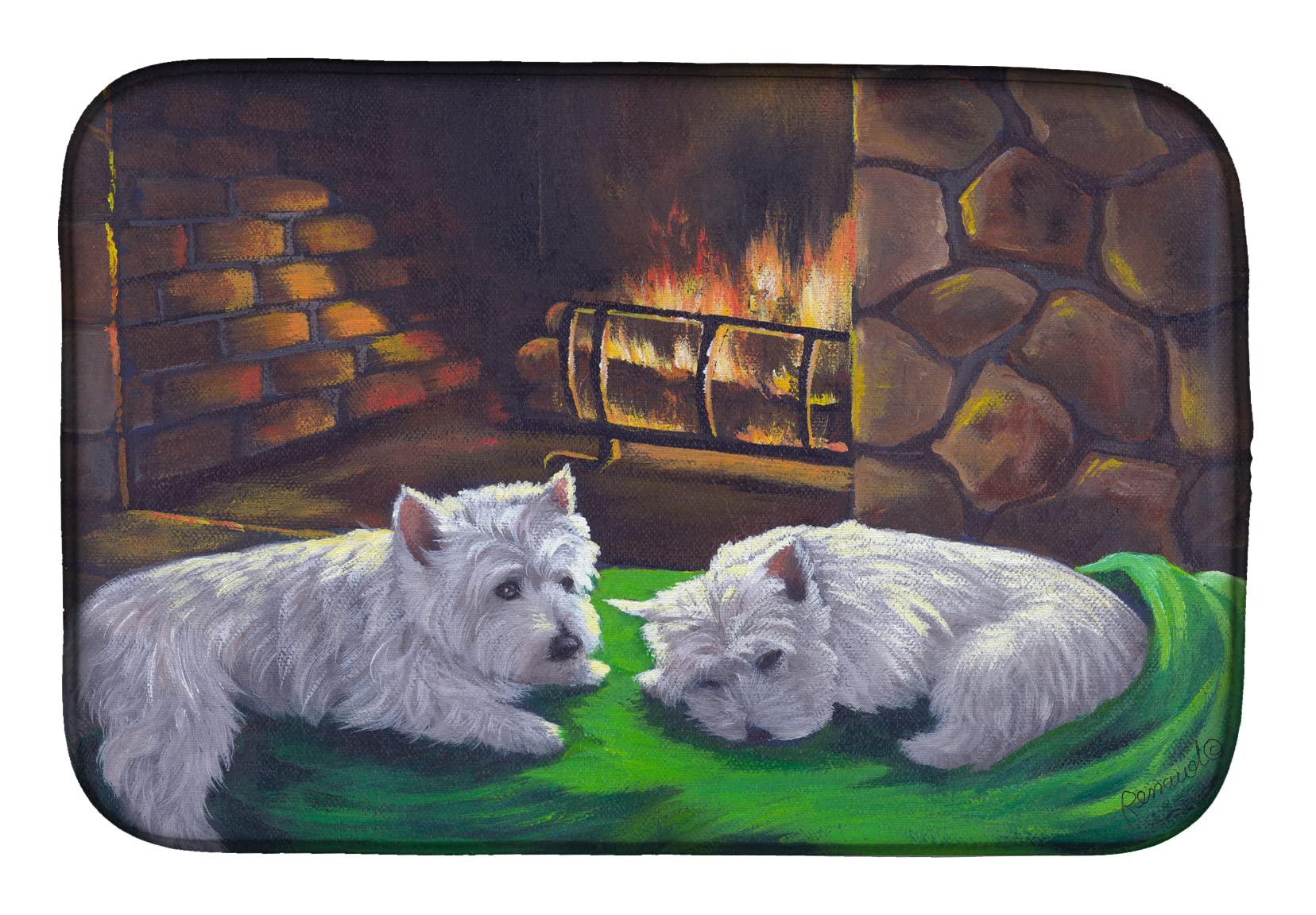 Westie Winter Night Dish Drying Mat - Absorbent Kitchen Counter Pad 14x21