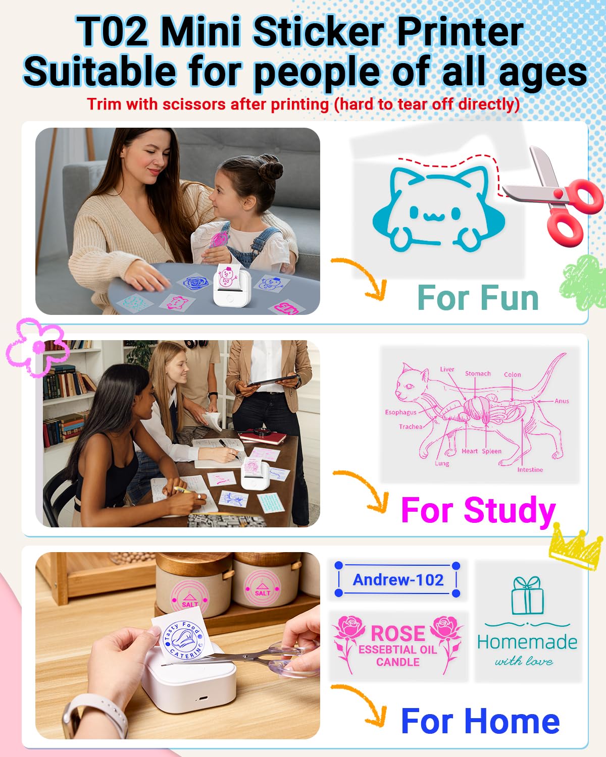 Memoking T02 Sticker Printer - Portable Thermal Inkless Label Maker for Study, Office & Home | Print Custom Stickers, Diagrams, Receipts & Photos | Compact Pocket-Size Design for Phone Labeling & Organization