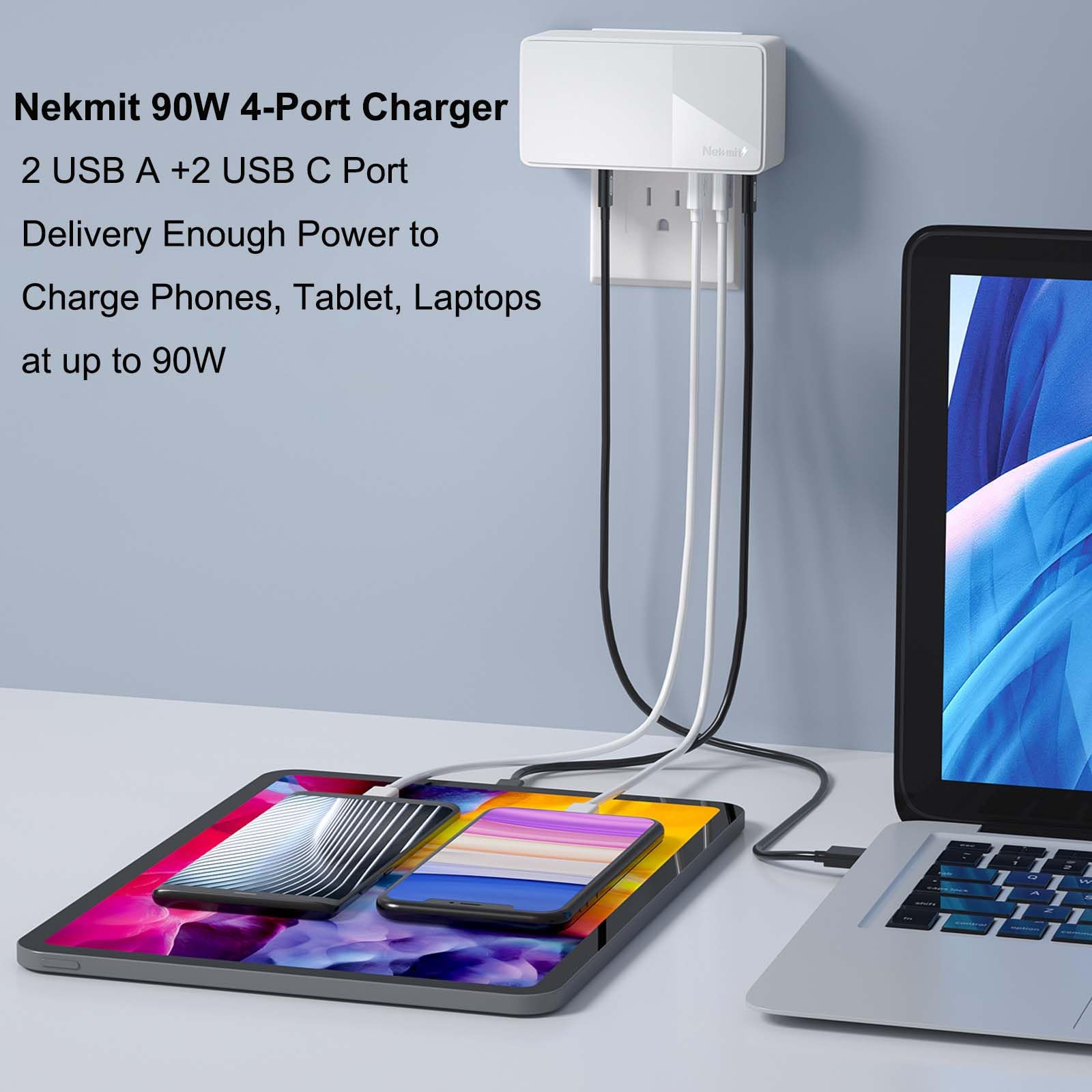 90W 4-Port USB C Fast Charger with PD 3.0 & PPS - Compatible with MacBook, Dell XPS 13, iPhone 14/13/12 Series, Galaxy S22/S21/S20, iPad Pro - Perfect for Home, Office & Travel Charging Multiple Devices Simultaneously