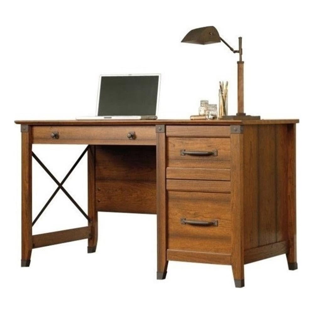 Pemberly Row Rustic Engineered Wood Computer Desk in Washington Cherry - Home Office Desk with Storage Shelf for Small Spaces, Study & Work from Home