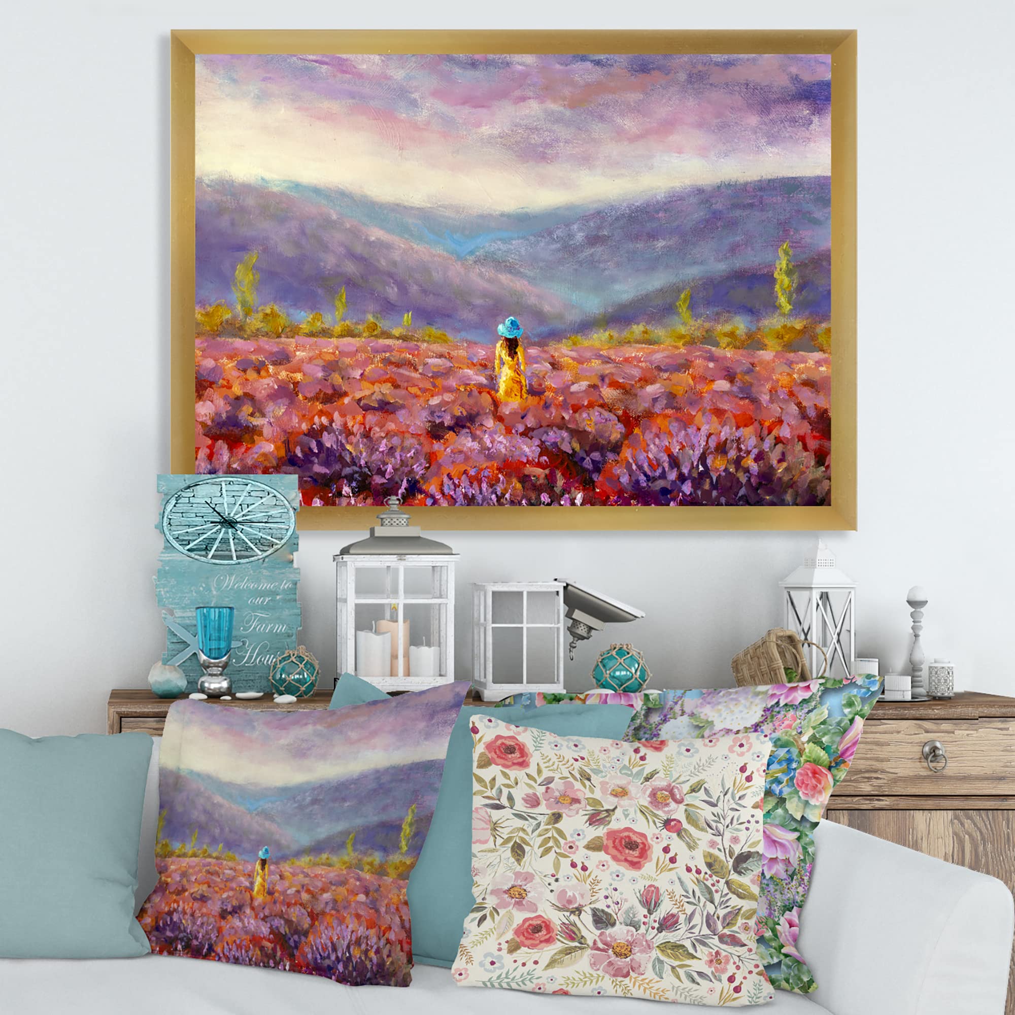 DesignQ Yellow Dress & Hat Woman Walking Through Fields - Traditional Framed Wall Art Decor for Living Room, Bedroom, Office