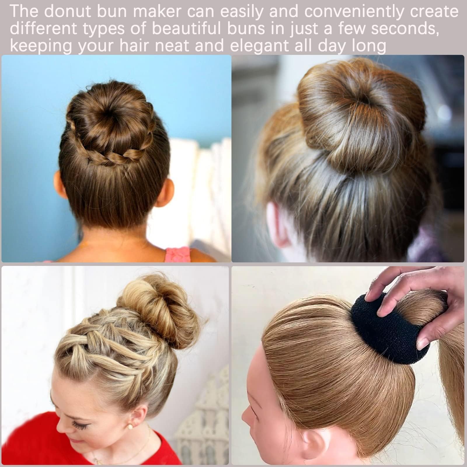 2 PCS Black Hair Bun Donuts - Hair Bun Maker & Ring Shaper for Chignon Styles with 5 U-Shaped Clips - Perfect for Ballet Dancers, Kids & Girls - Great for Dance Performances, School Events & Everyday Hairstyles