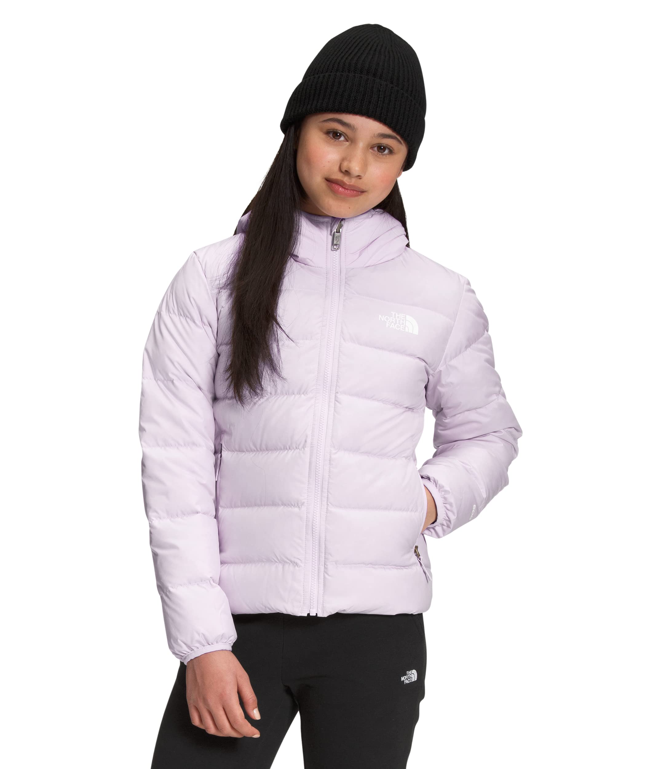The North Face Girls' Reversible North Down Hooded Jacket - Lavender Fog, Small | Warm Winter Coat for Outdoor Activities & School