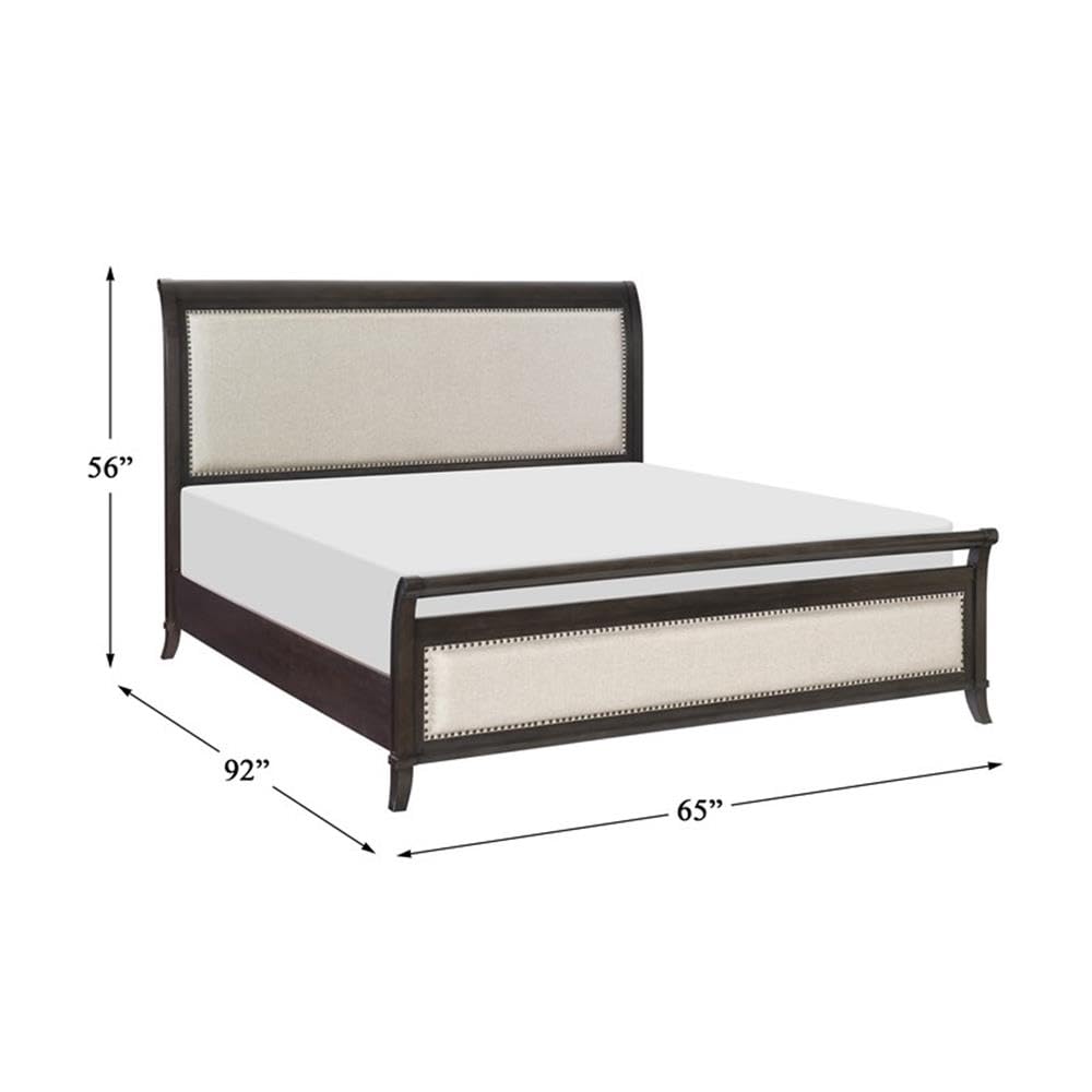 Lexicon Hebron Queen Size Bed Frame with Upholstered Headboard - Dark Cherry/Beige Fabric - Modern Bedroom Furniture for Master Bedroom or Guest Room